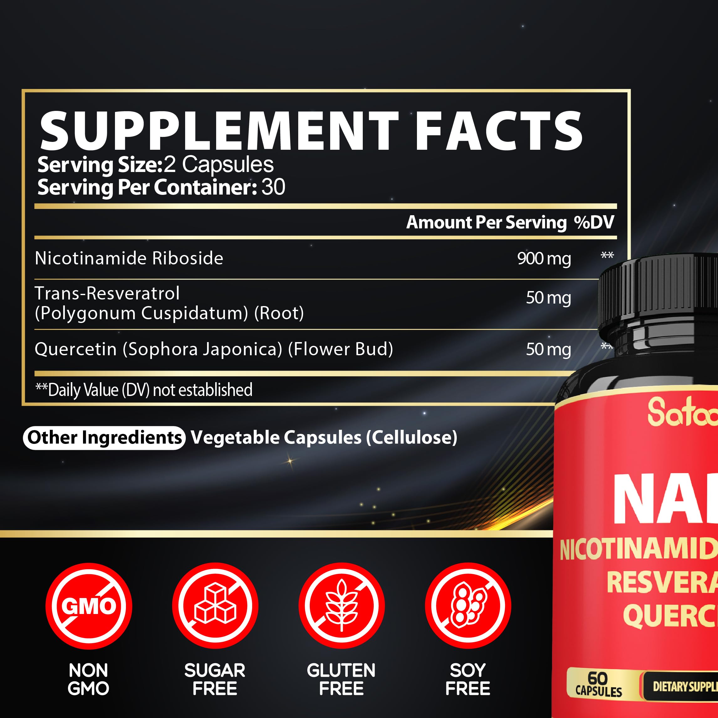 Satoomi NAD Supplement with Nicotinamide Riboside NR, Resveratrol, Quercetin - 60 Count - 30 Days SatoomiAu supplements