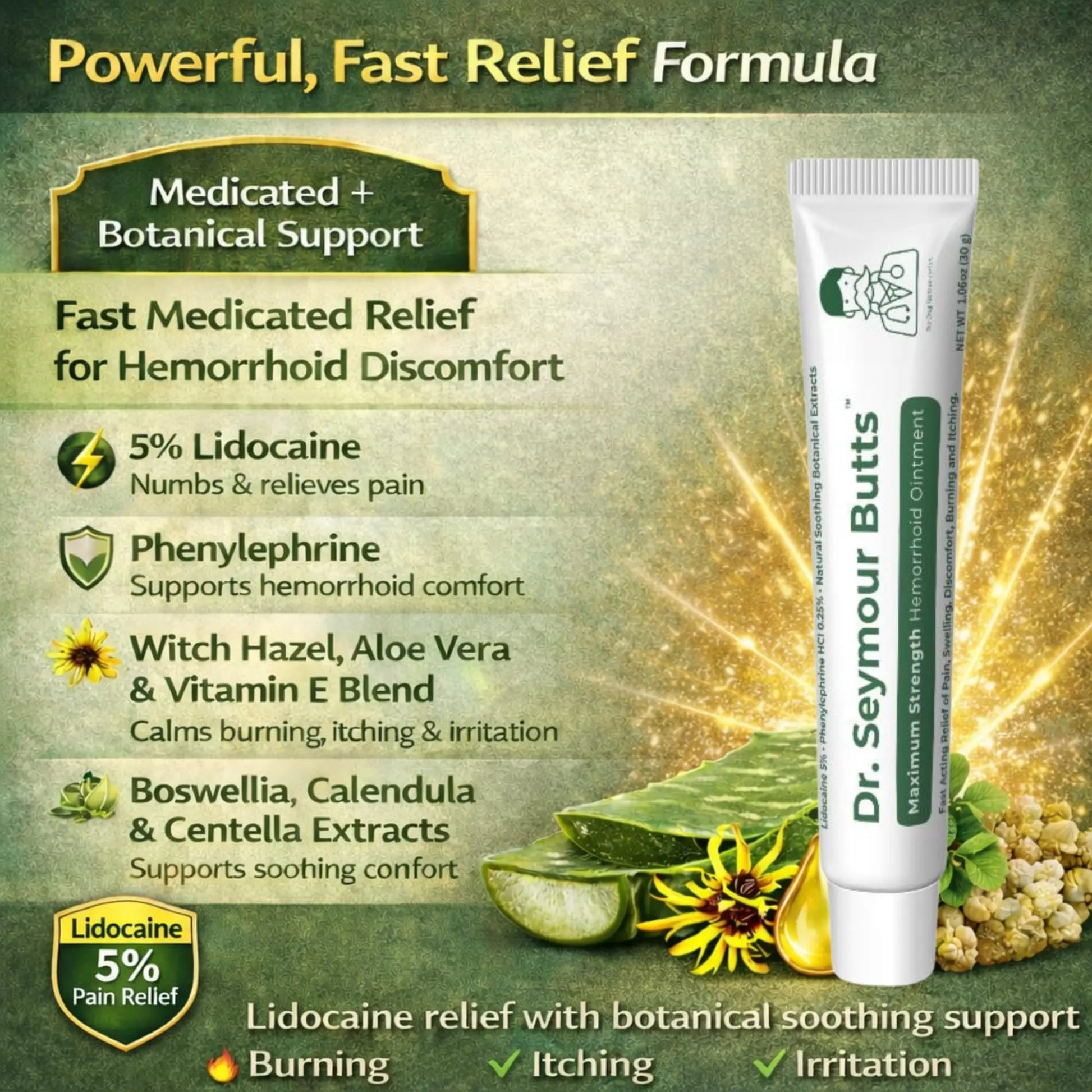 Dr. Seymour Butts Hemorrhoid Ointment – Lidocaine 5% Pain Relief for Burning, Itching & Irritation | External Hemorrhoid Care with Witch Hazel, Aloe & Botanical Support Dr. Seymour ButtsAu supplements