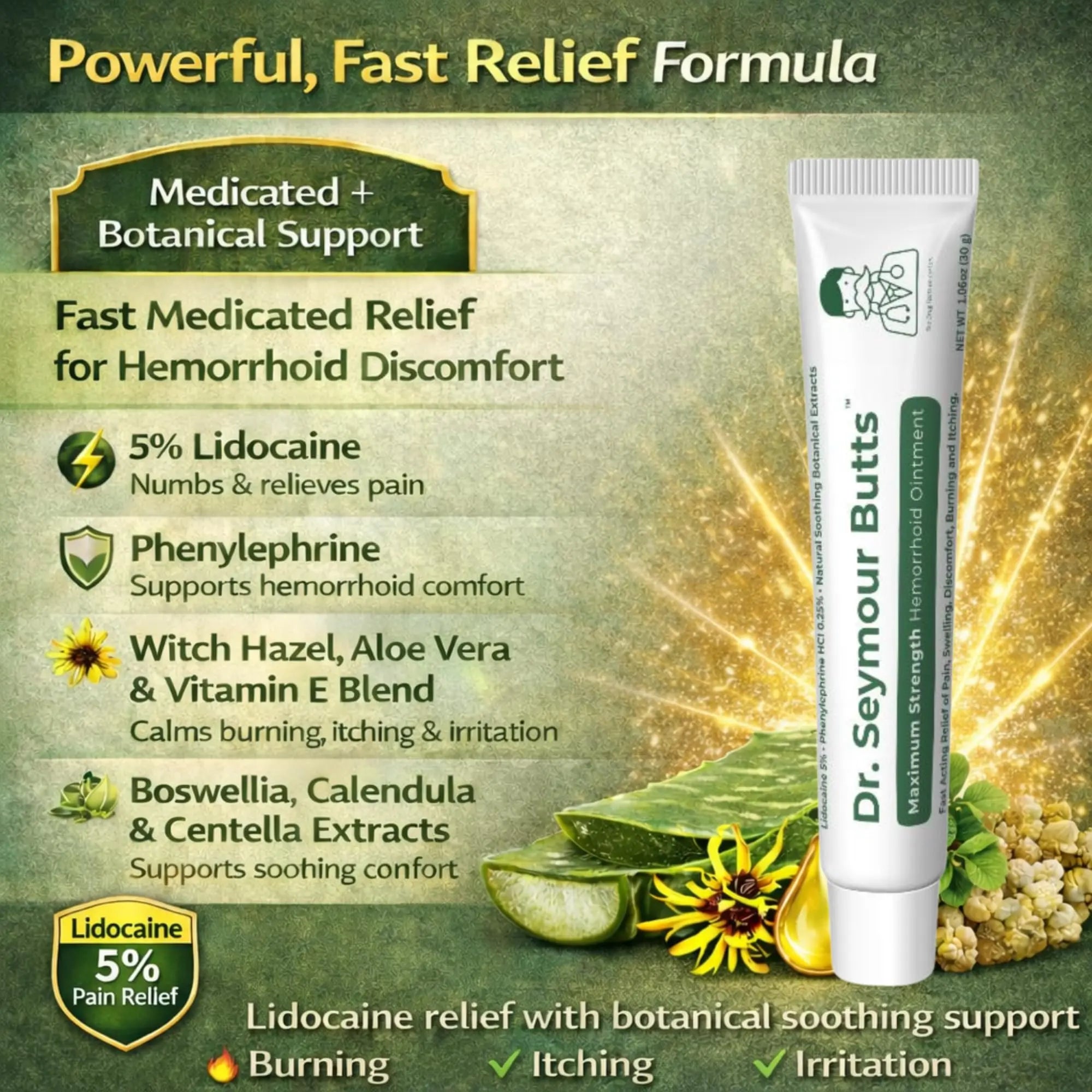 Dr. Seymour Butts Hemorrhoid Ointment – Lidocaine 5% Pain Relief for Burning, Itching & Irritation | External Hemorrhoid Care with Witch Hazel, Aloe & Botanical Support Dr. Seymour ButtsAu supplements