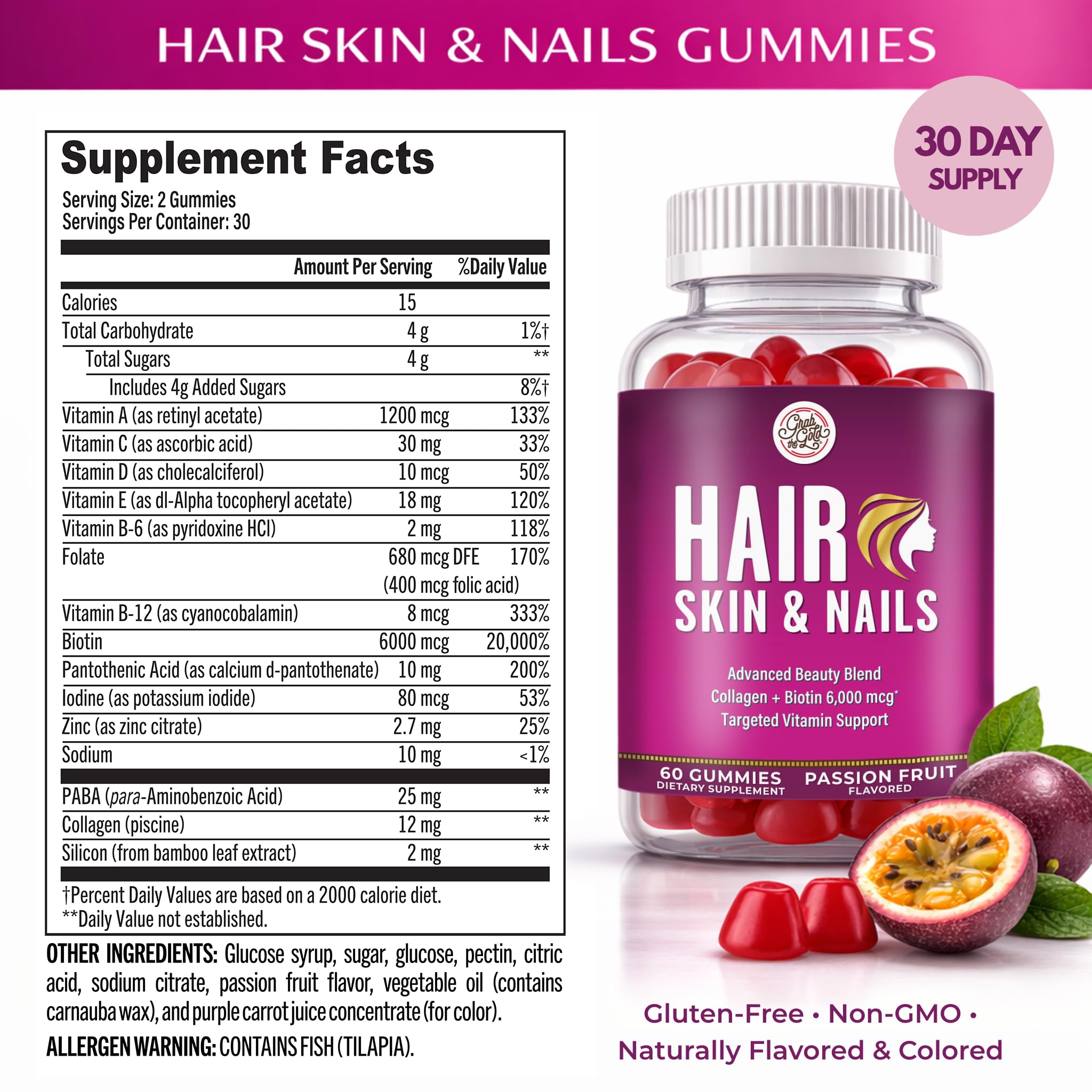 Grab The Gold Hair Skin & Nails Vitamins for Women | Gummies with 6000mcg Biotin & Collagen | 10 Essential Vitamin & Minerals | Gluten-Free, Non-GMO, Passion Fruit Flavor | 1 Month Supply, Made in USA Grab The GoldAu supplements