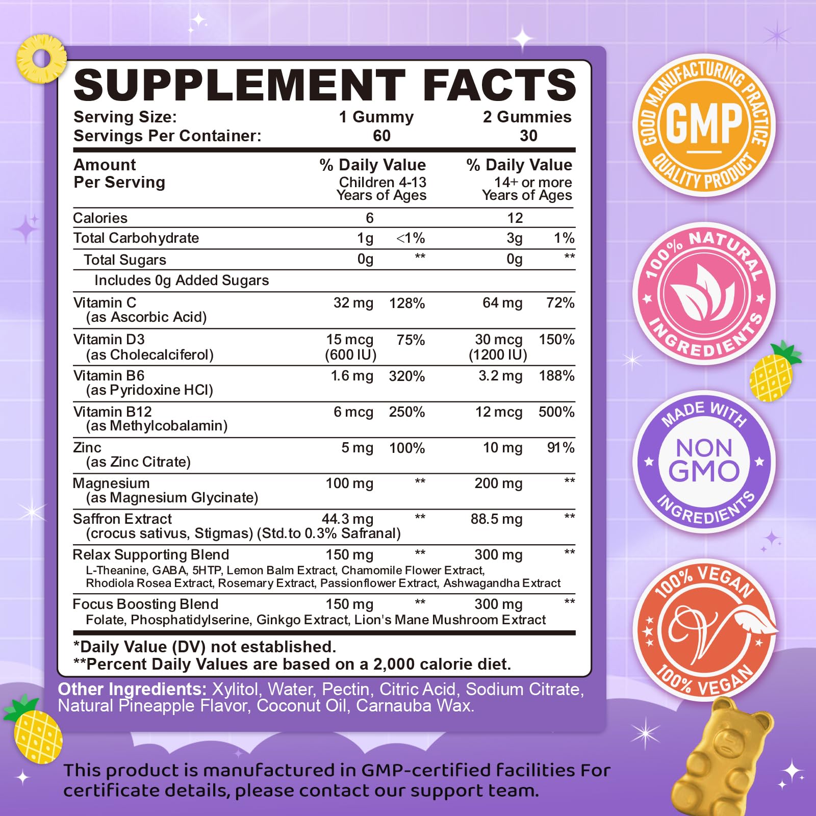 Saffron Gummies for Kids & Adults, 20-in-1 Saffron Supplements with 88.5mg Saffron Extract, B6, B12, C, D3, Magnesium for Calm, Focus, Nerve, Sugar Free, Vegan, Non-GMO - Pineapple Flavor, 60 Counts CFILIHTCAu supplements