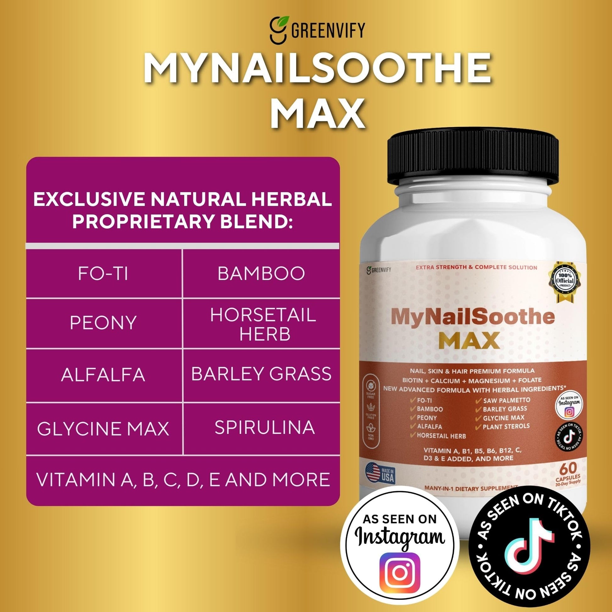 GREENVIFY MyNailSoothe MAX Hair, Skin & Nail Supplement, 60 Capsules, with Biotin 5000mcg, Vitamins, Minerals & Herbal Blend (1) GREENVIFYAu supplements