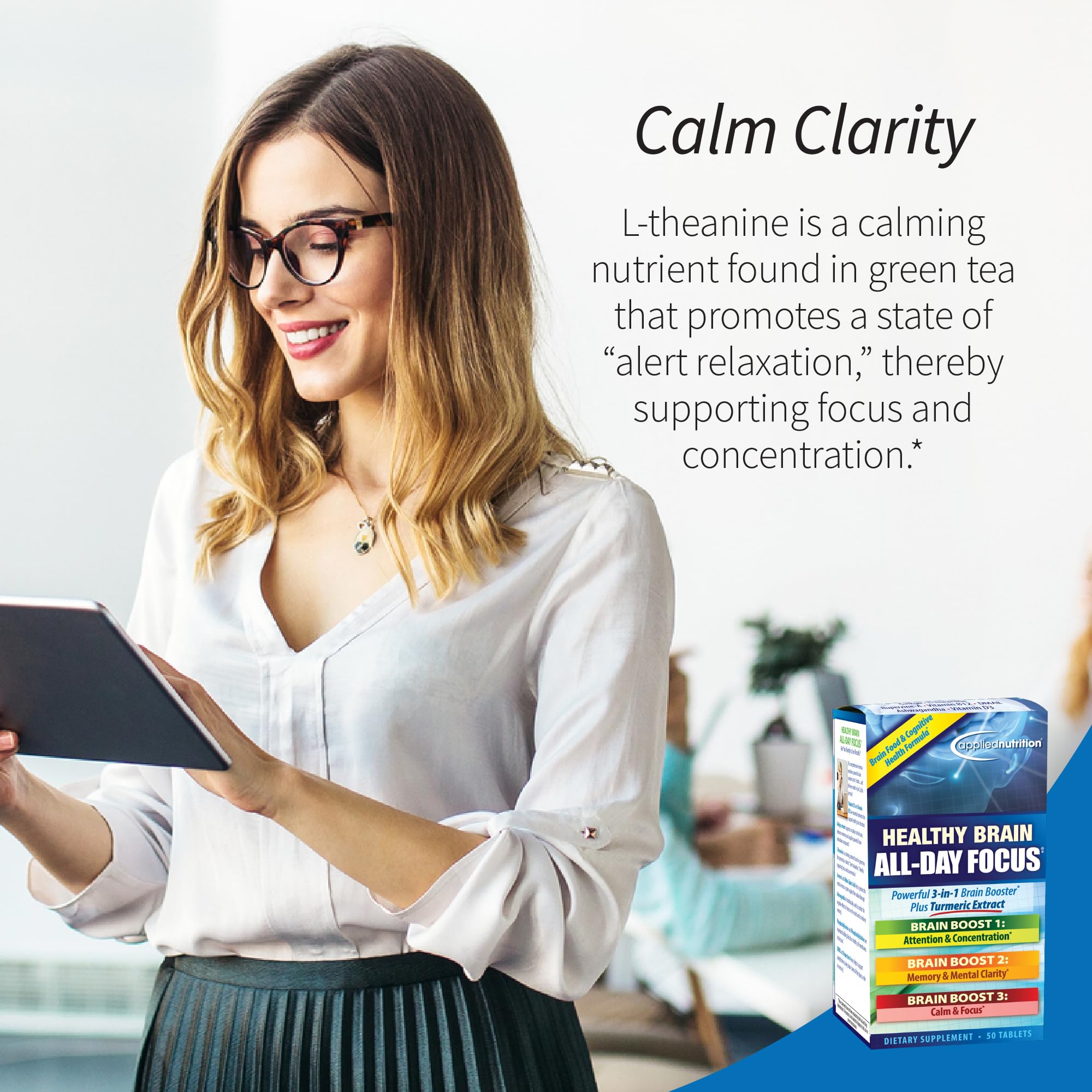 Applied Nutrition Healthy Brain All-Day Focus - 50 Tablets - Powerful 3-in-1 Brain Booster with Turmeric Extract - 25 Servings Applied NutritionAu supplements