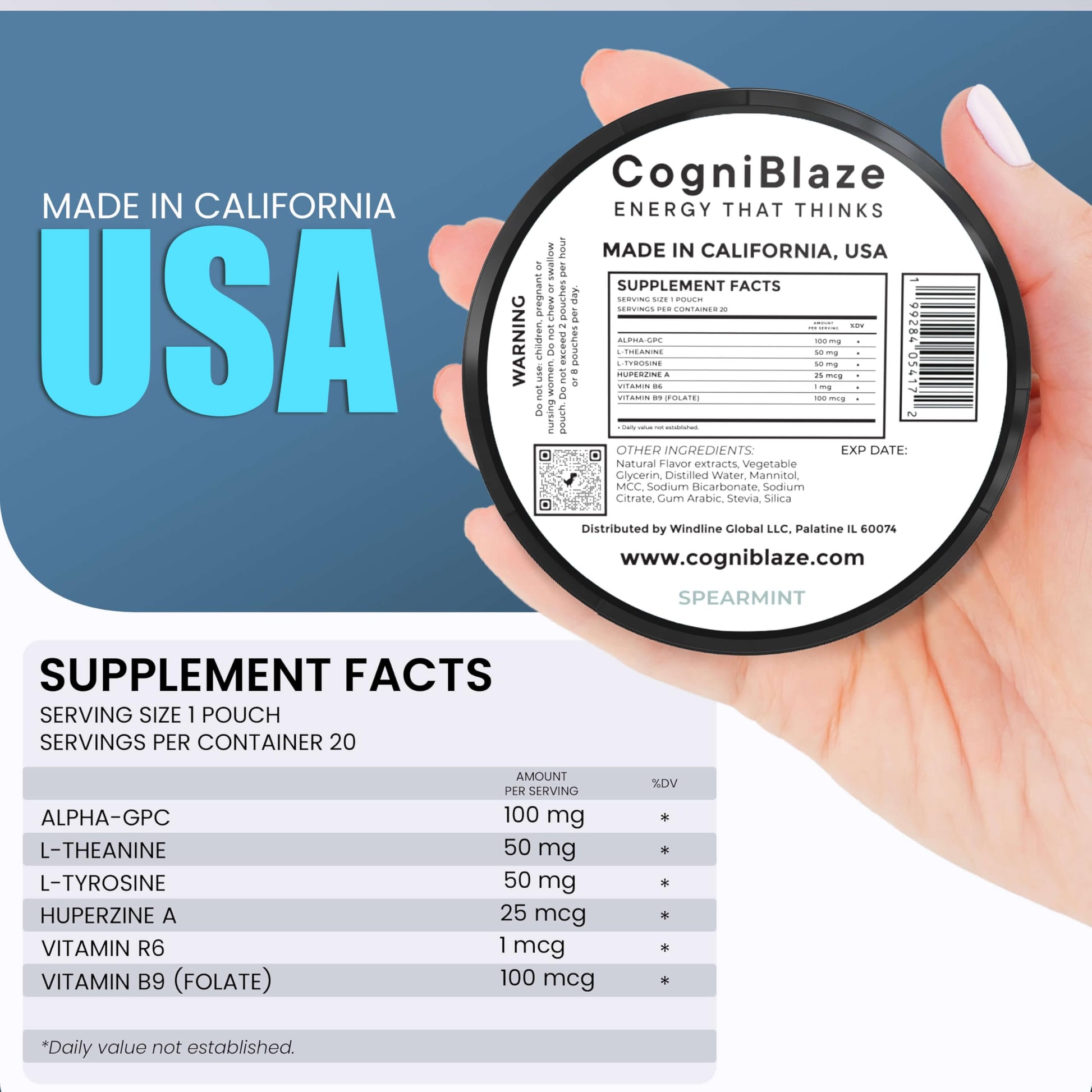 CogniBlaze Nootropic Pouches Caffeine Free (Spearmint) | 80 Focus Pouches for Clarity | 4 Pack (20 Per Can) | Mental Energy Pouches | 25mcg Huperzine A per Nootropic Pouch | Zero Calories CogniBlazeAu supplements
