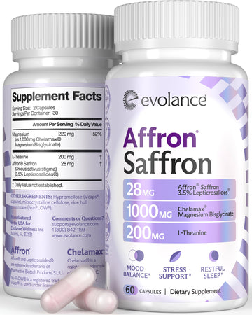 Evolance Saffron Supplements Extract for Stress & Mood Support – Affron 28mg, Magnesium Glycinate 1000mg, L-Theanine 200mg – High Absorption, Sleep & Focus Support, Melatonin-Free, 60 Veggie Capsules EvolanceAu supplements