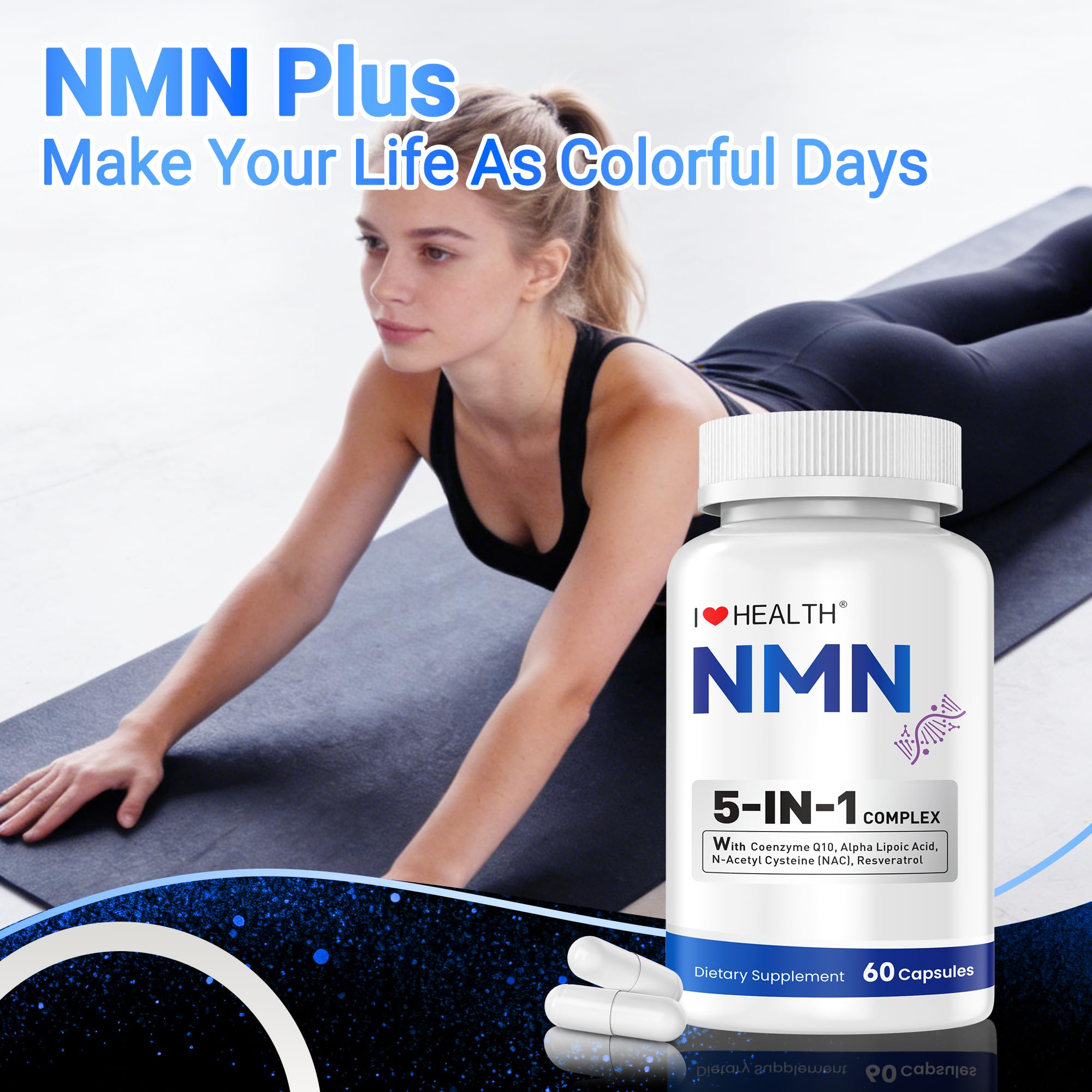 I LOVE HEALTH NMN Supplement, 5-in-1 Complex with NAC, Alpha Lipoic Acid, CoQ10 & Resveratrol - High Absorption Anti Aging Formula - Third Party Tested, cGMP, Gluten Free - 60 Capsules I LOVE HEALTHAu supplements
