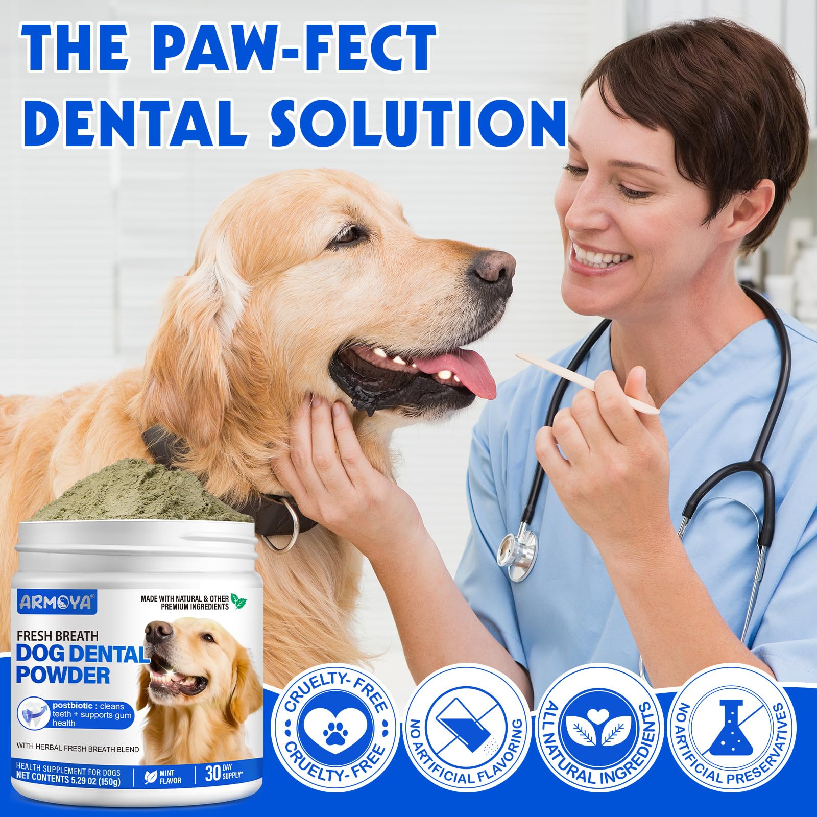 Dog Teeth Cleaning Powder - Dental Powder for Dogs Teeth - Plaque Removal - Supports Gum Health - Tartar Remover with Natural Herb Blend and Postbiotics 30 Day Supply - Mint Flavor ARMOYAAu supplements