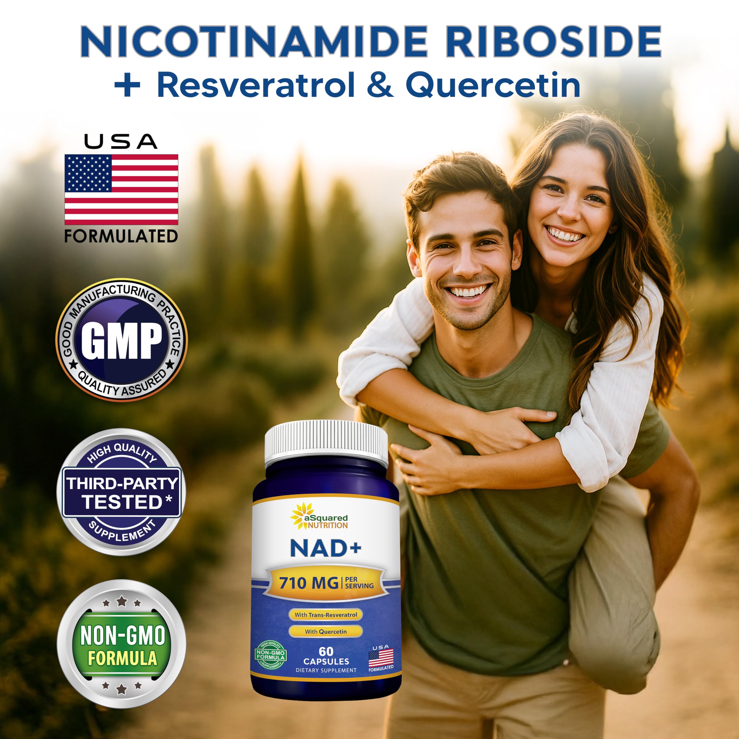 aSquared Nutrition NAD Resveratrol Supplement - NAD+ Nicotinamide Riboside 500mg (Vitamin B3) Plus Trans-Resveratrol & Quercetin - NMN Alternative for Men & Women - 60 Capsules aSquared NutritionAu supplements
