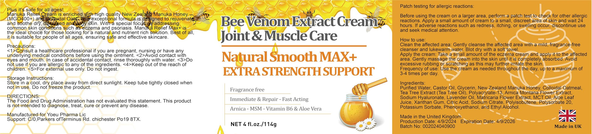 YOKOBBYES Pure Bee Venom Joint, Muscle & Bone Cream, Instant Relief, Back, Neck, Hand, Feet, Knee, Muscle, Shoulder, Ankle, Foot Discomfort, for Adults and The Elderly, YOKOBBYESAu supplements