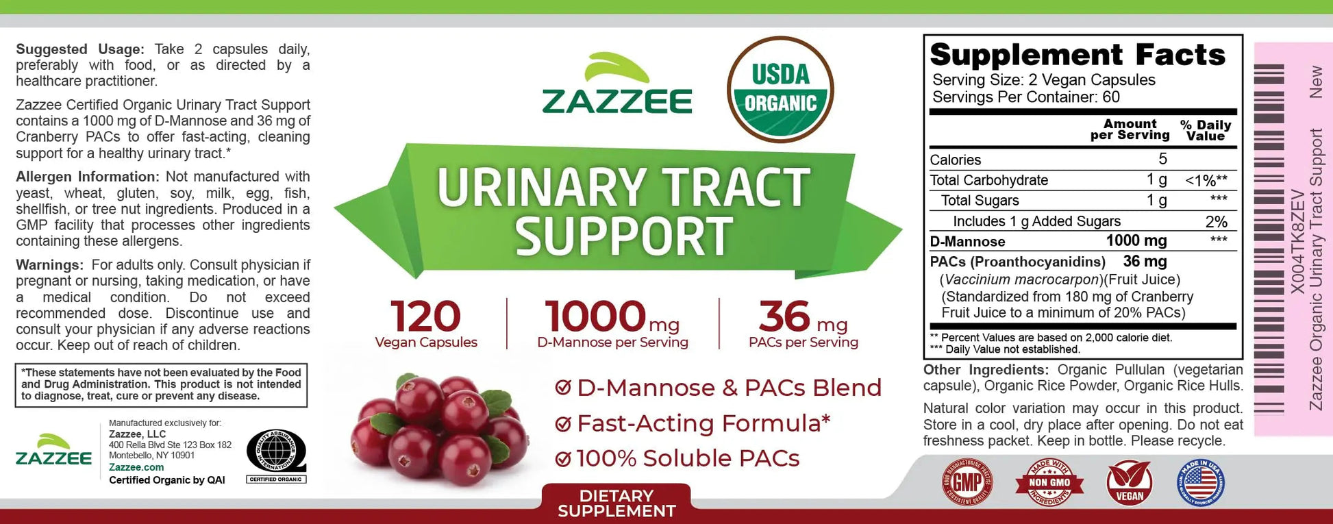 Zazzee USDA Organic Cranberry PACs and D-Mannose, 1000 mg D-Mannose, 36 mg Cranberry PACs, 120 Vegan Capsules, 2 Month Supply, Potent & Fast-Acting, All-Natural Urinary Tract Health Support, Non-GMO ZazzeeAu supplements