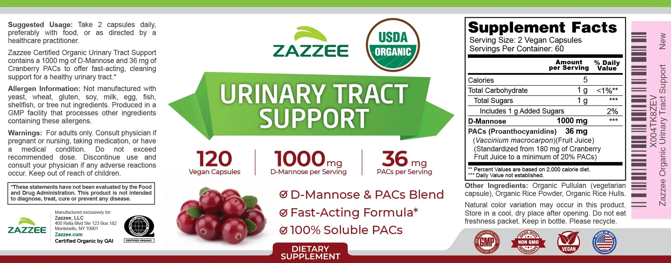 Zazzee USDA Organic Cranberry PACs and D-Mannose, 1000 mg D-Mannose, 36 mg Cranberry PACs, 120 Vegan Capsules, 2 Month Supply, Potent & Fast-Acting, All-Natural Urinary Tract Health Support, Non-GMO ZazzeeAu supplements