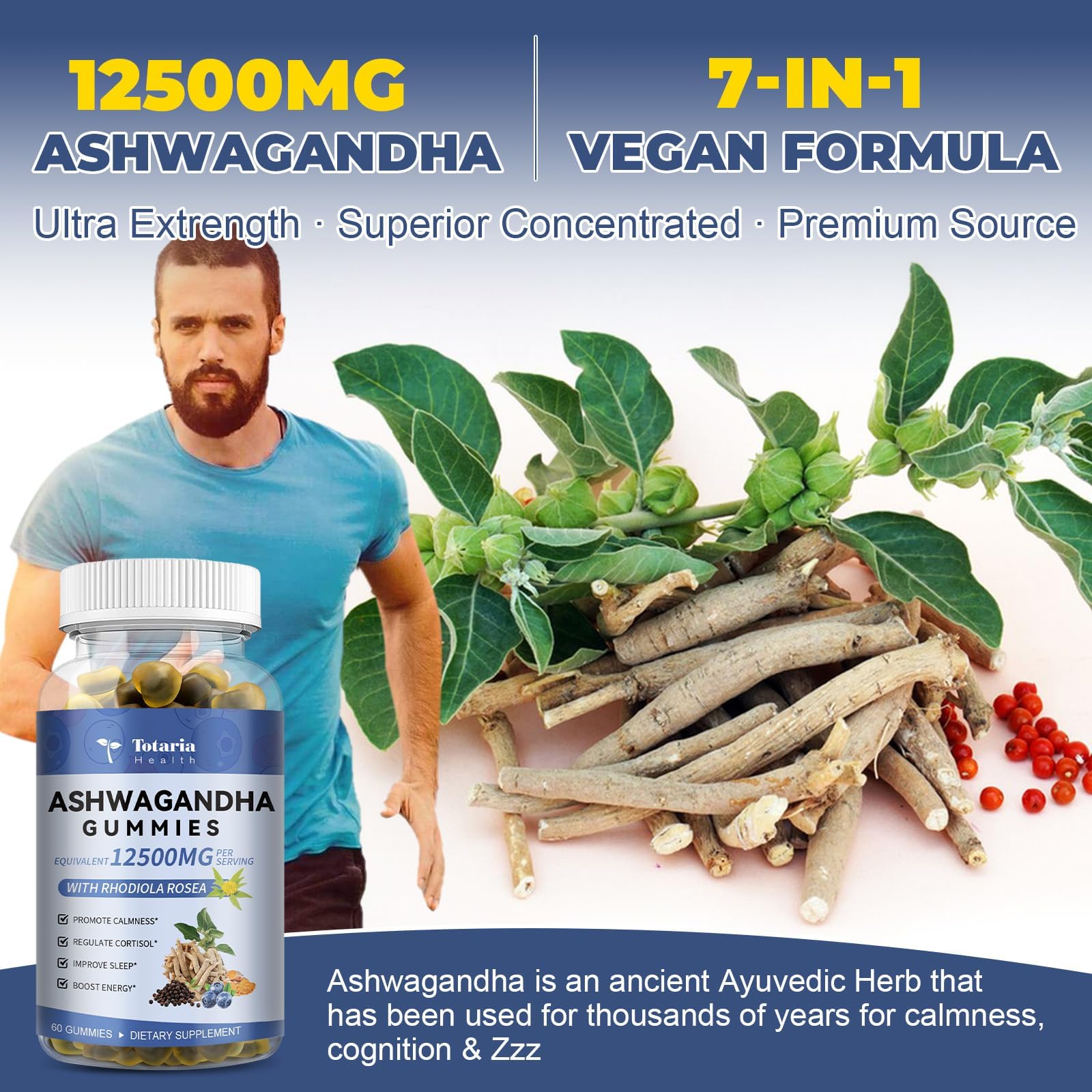(2 Packs) Sugar Free Ashwagandha Filled Gummies w/Vitamin D3, Magnesium Glycinate, Rhodiola, Ultra Strength Ashwa Root Supplements for Women & Wen, for Relaxation, Energy, Cortisol Gummies TotariaAu supplements