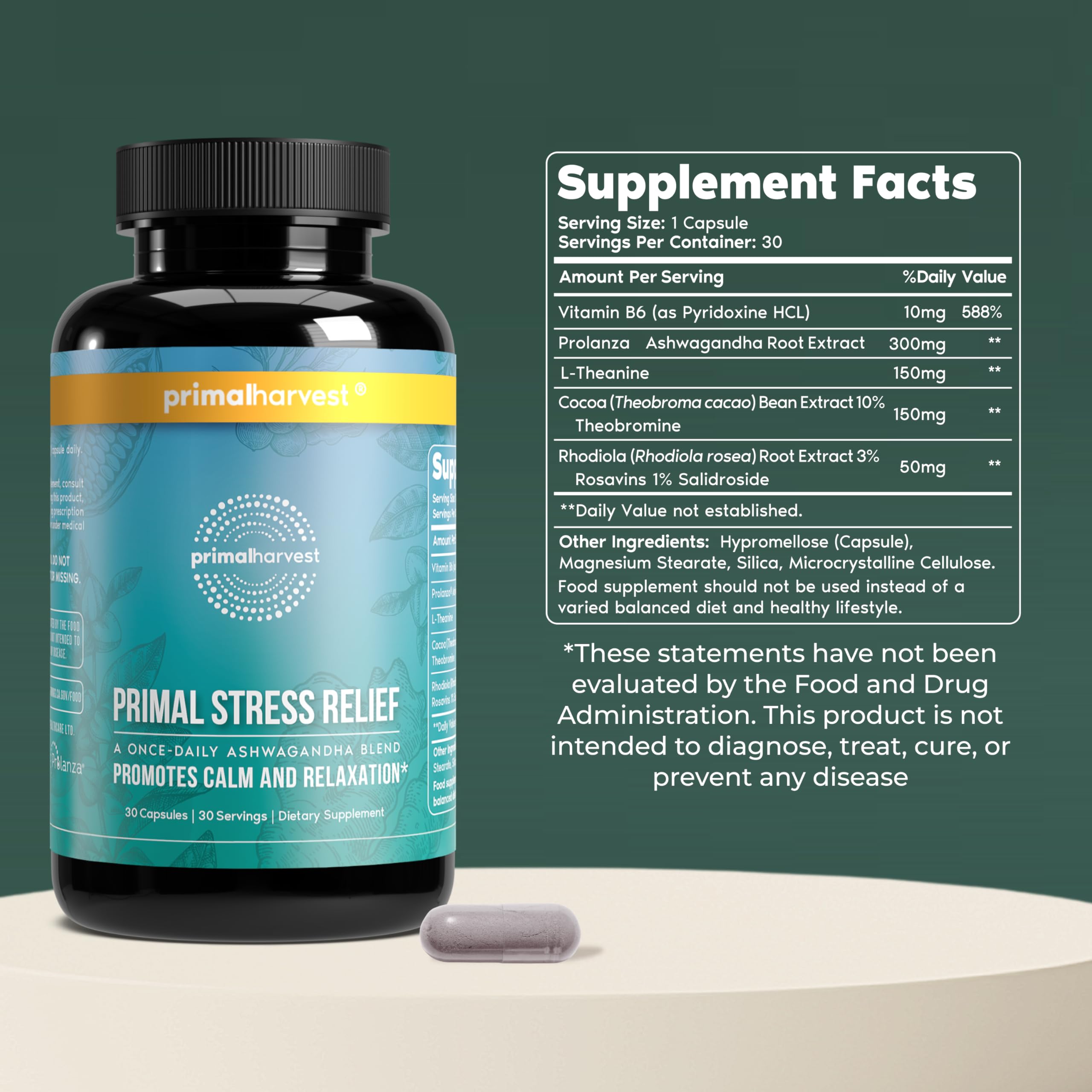 Primal Harvest Stress Relief Supplement for Women and Men Pure Ashwagandha Root Extract, L-Theanine Supplements, 30 Capsules Primal HarvestAu supplements