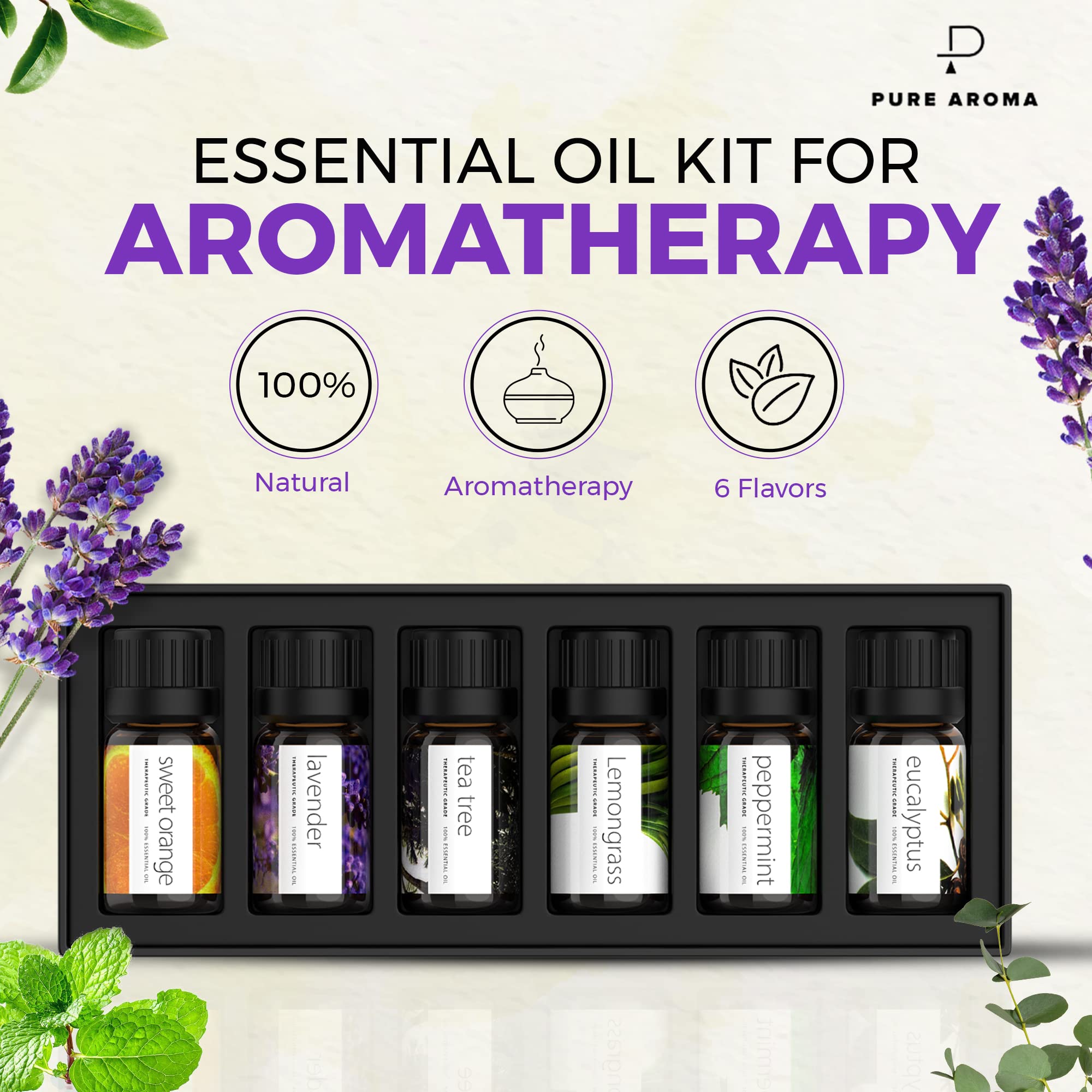 Essential Oils by PURE AROMA 100% Pure Oils kit- Top 6 Aromatherapy Oils Gift Set-6 Pack, 10ML Pure AromaAu supplements