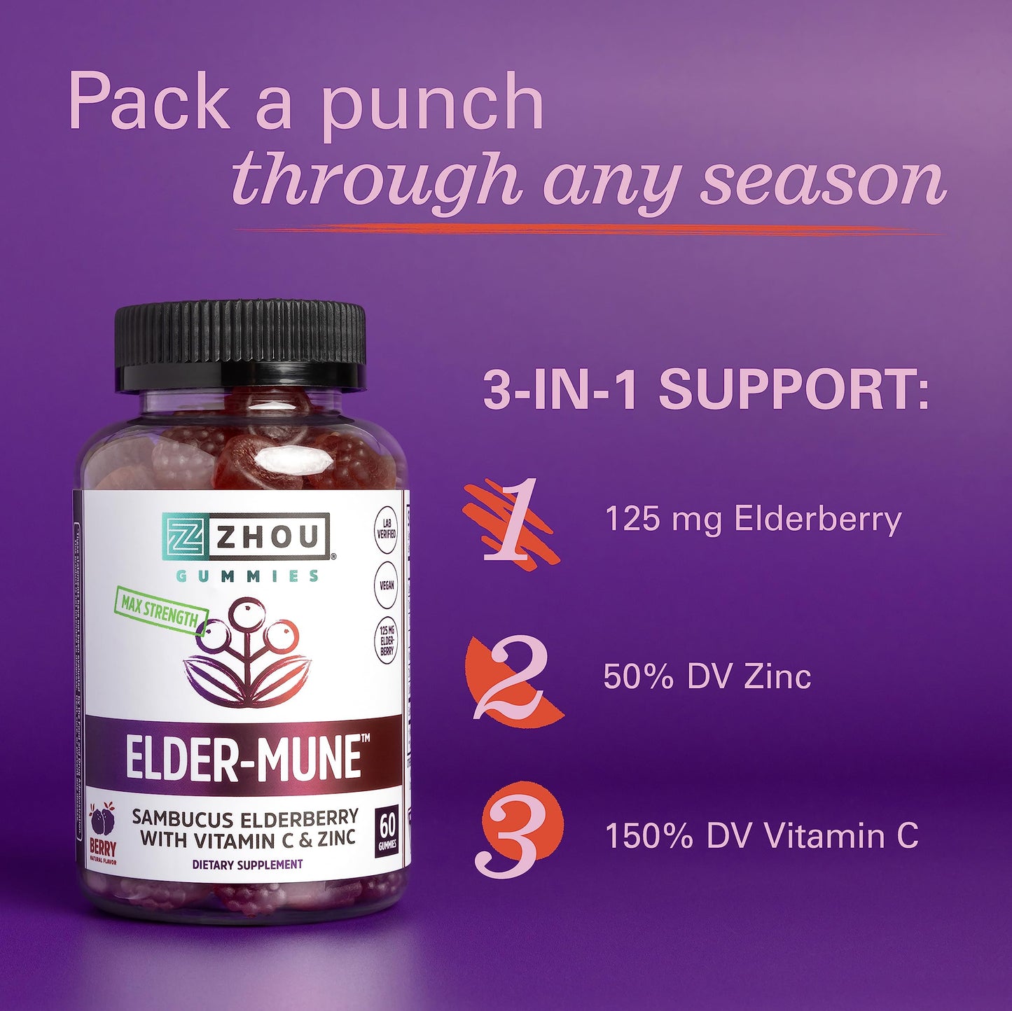 Zhou Nutrition Elder-Mune Sambucus Elderberry Gummies with Zinc and Vitamin C & vH Zhou NutritionUS supplements