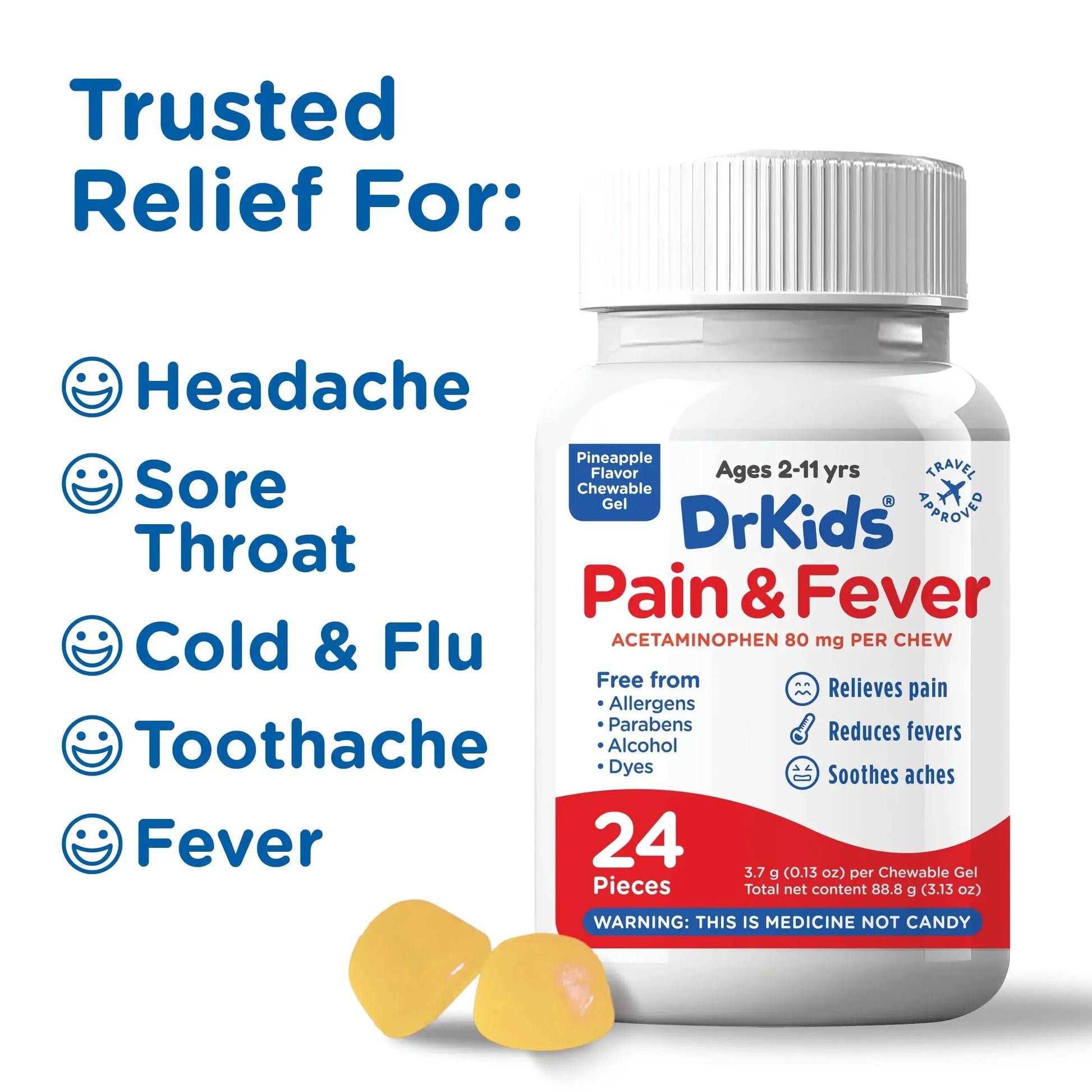 Dr. Kids Children’s Pain and Fever Chewable Gels – Pain Relief and Fever Reducer for Kids Ages 2–11, 80 mg Chewable Acetaminophen for Headache, Sore Throat, Cold & Flu, Pineapple Flavor, 24 Count Dr. KidsAu supplements