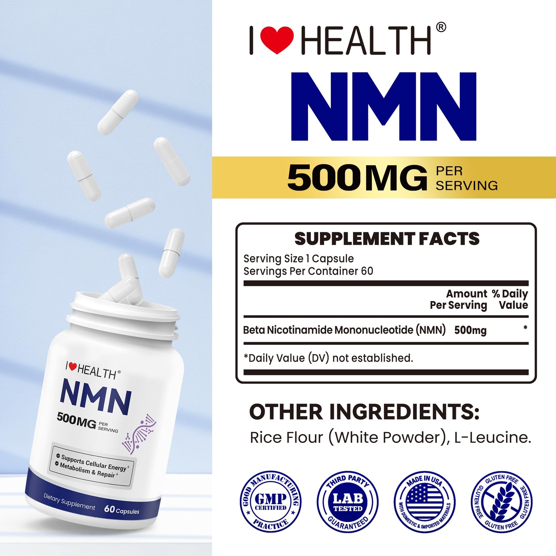 NMN 500MG Per Capsule – High Purity 99.9% NMN, NAD+ Support for Cellular Energy & Healthy Aging, 60 Capsules, Third-Party Tested, cGMP Made in USA I LOVE HEALTHAu supplements