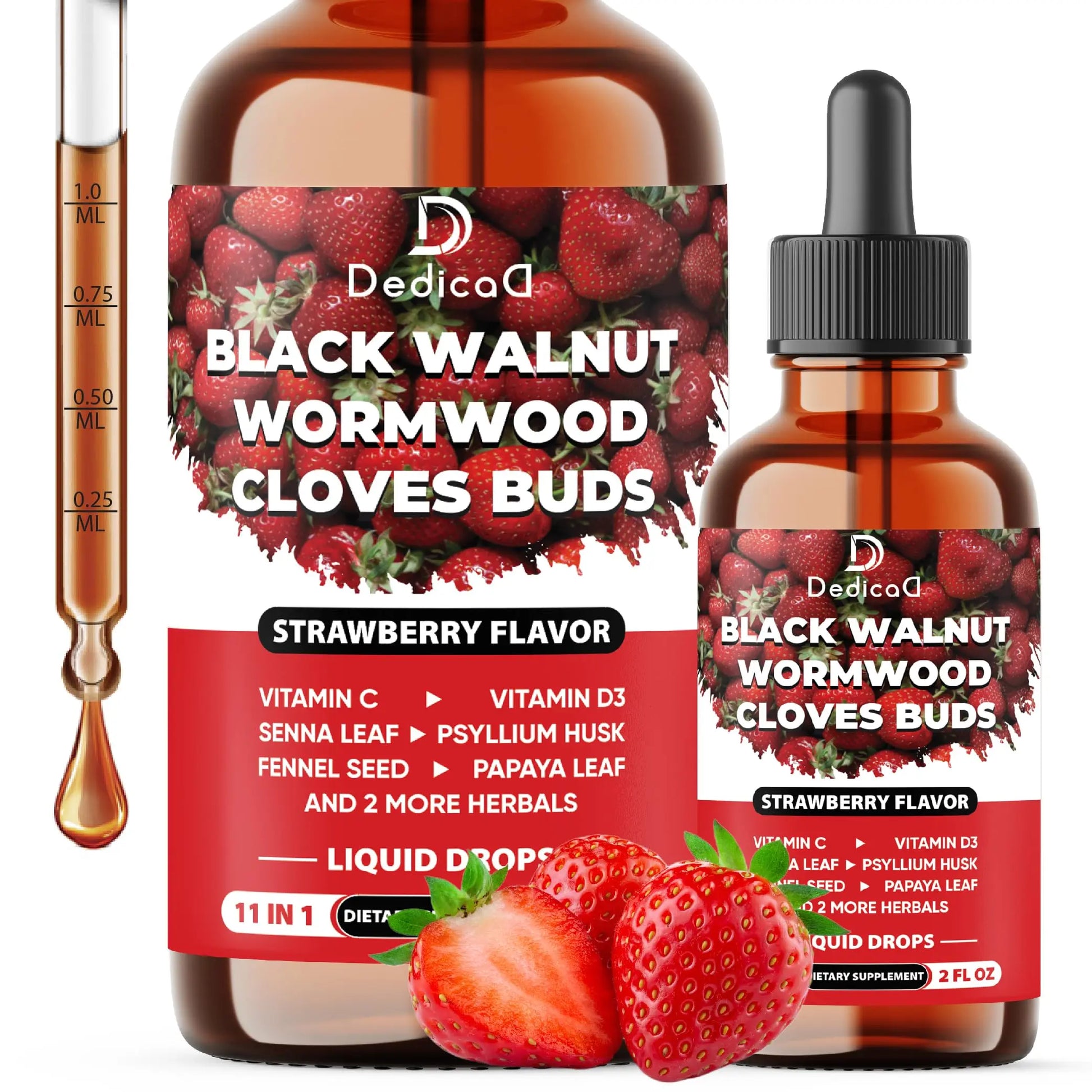 DEDICAD 11in1 Black Walnut Wormwood Cloves Liquid Drops with Cloves Buds, Senna Leaf, Psyllium Husk, Fennel Seed, Papaya Leaf and More - 2 oz Fl - 60 Days - Strawberry Flavor DEDICADAu supplements