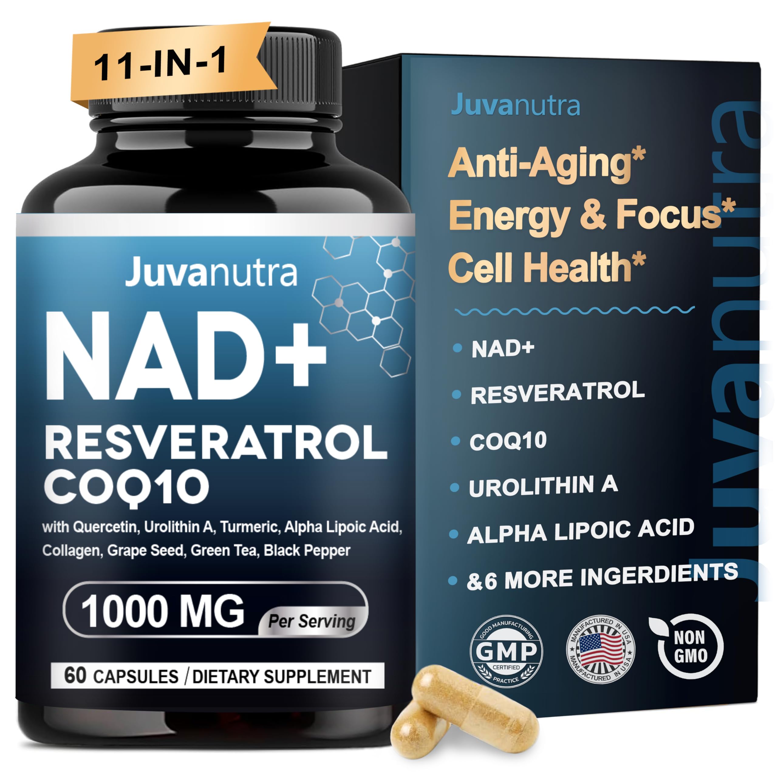 NAD Supplement 11-in-1 Extra Strength – Liposomal NAD with Resveratrol, CoQ10, Urolithin A, ALA & Turmeric – Supports Anti-Aging, Cellular Repair, Energy & Focus – for Women & Men – 60 Capsules JuvaNutraAu supplements