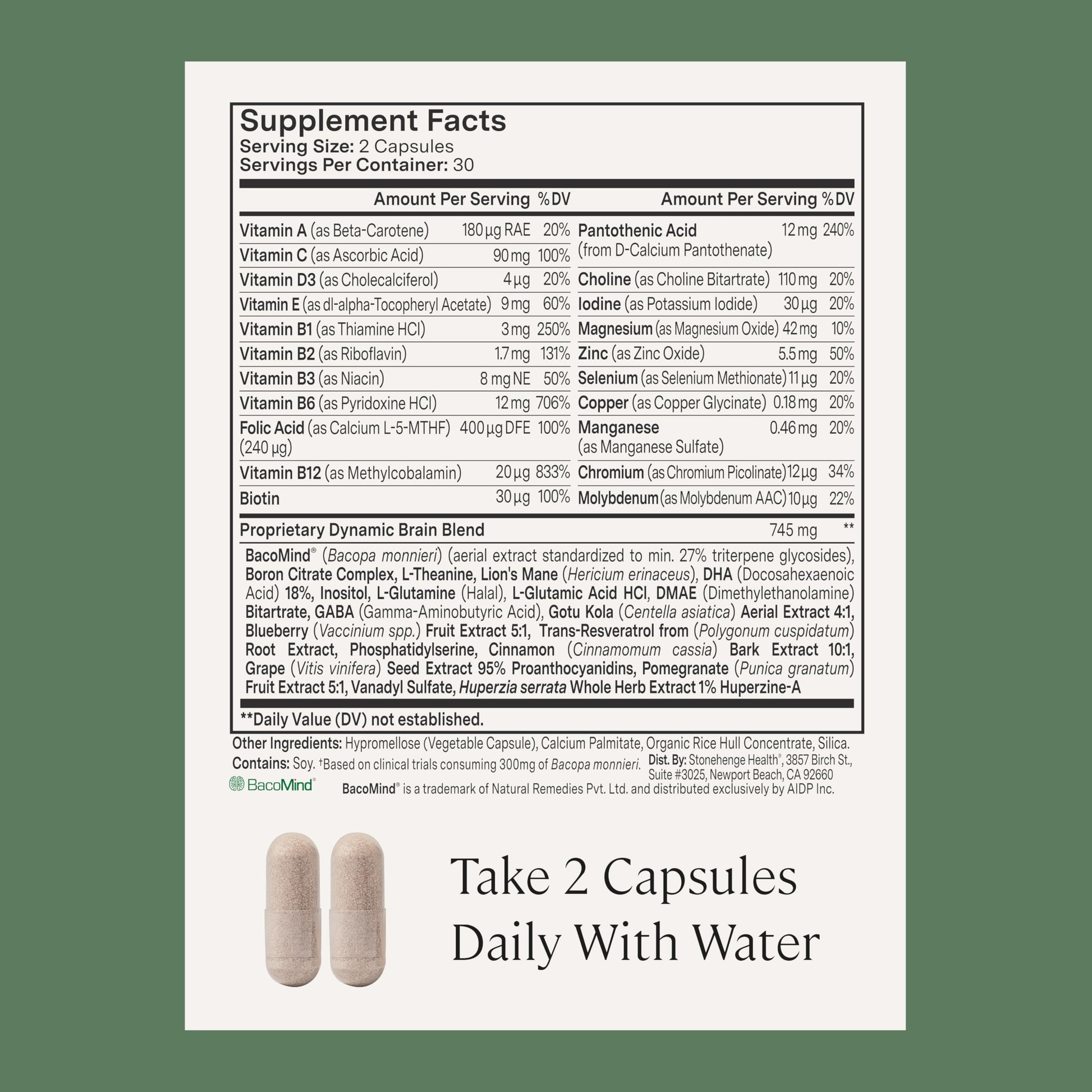 Stonehenge Health Dynamic Brain – BacoMind® Bacopa Nootropic Formula – Memory, Recall & Retention, Phosphatidylserine, Huperzine A, DHA & Choline – 40 Brain-Boosting Ingredients – Non-GMO, 60 Caps Stonehenge HealthAu supplements