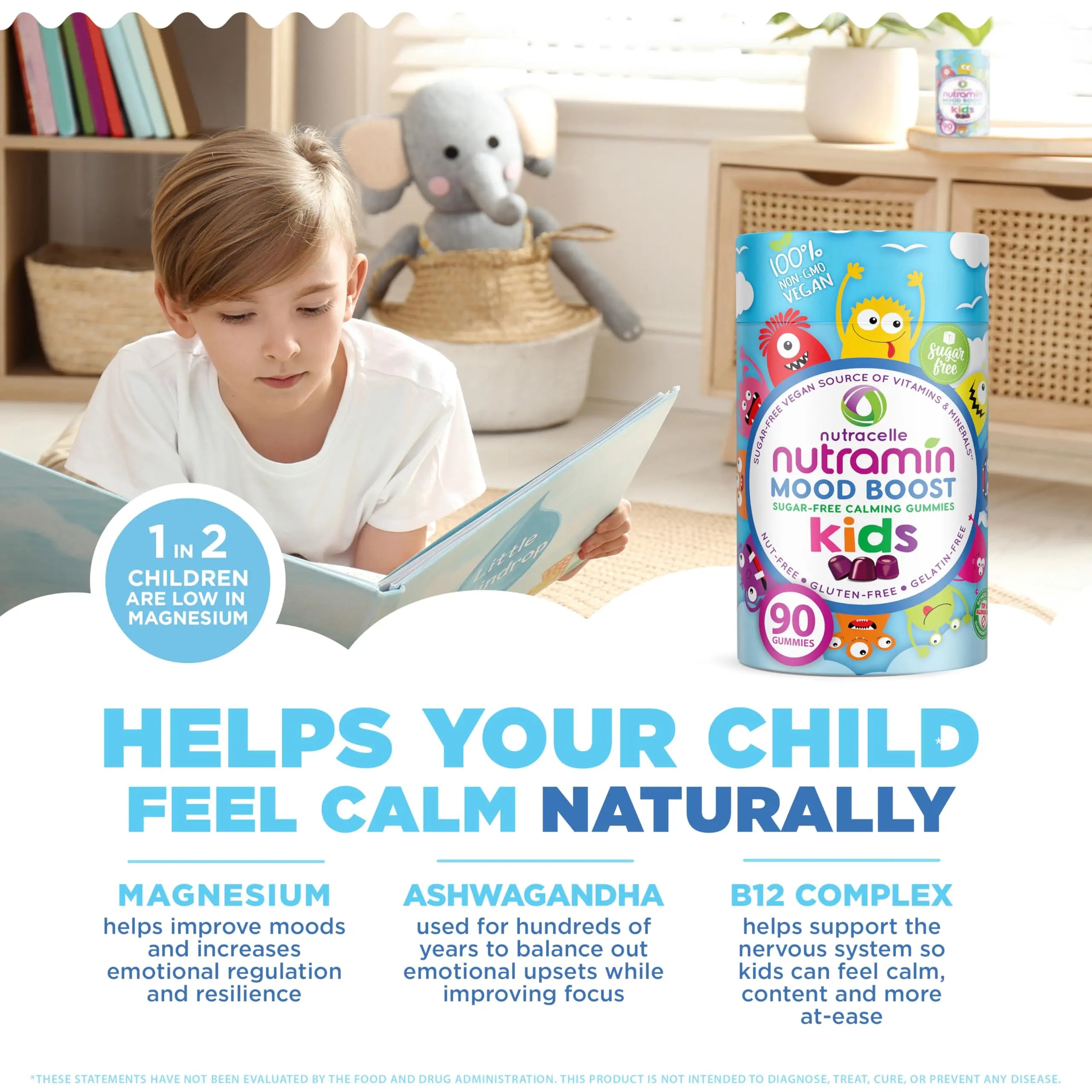 NUTRAMIN Kids Mood Boost Vegan Vitamin Gummy: Calming Magnesium Citrate Supplement for Children with Ashwagandha & Vitamin B Complex to Relax & Focus NutracelleAu supplements