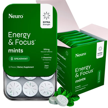 Neuro Energy & Focus Mints, Extra Strength - Sugar Free Breath Mints with 100mg Natural Caffeine, B Vitamins & L-Theanine - Vegan Brain Supplement for Exercise, Study & Daily Focus - Spearmint, 72 ct NeuroAu supplements