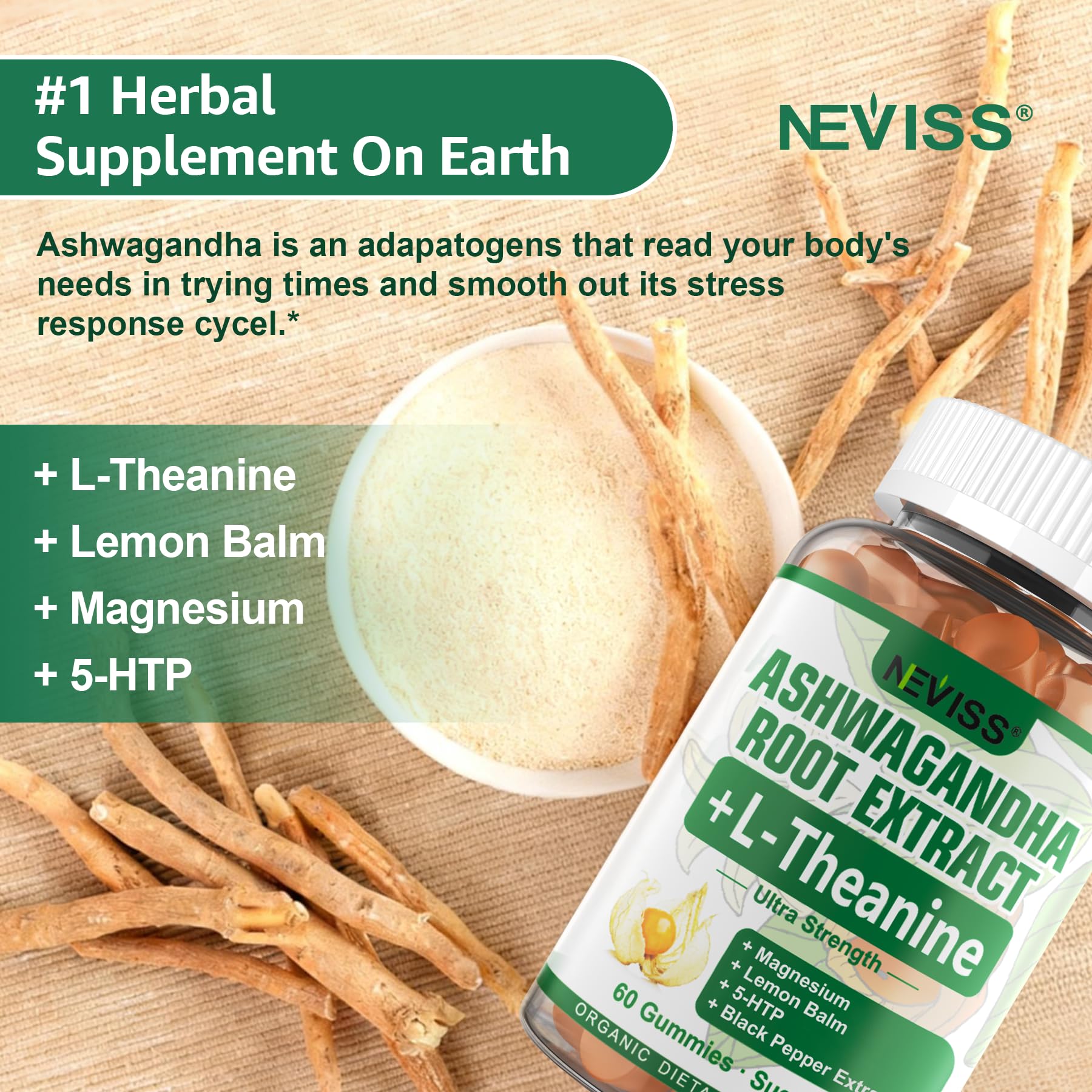 NEVISS Ashwagandha Gummies 2000mg, Feel Refreshed, Plus Proprietary Blend with L-Theanine, 5-HTP, Lemon Balm, Magnesium for Calm, Zzzs & Relaxation Support, 120 Count NEVISSAu supplements