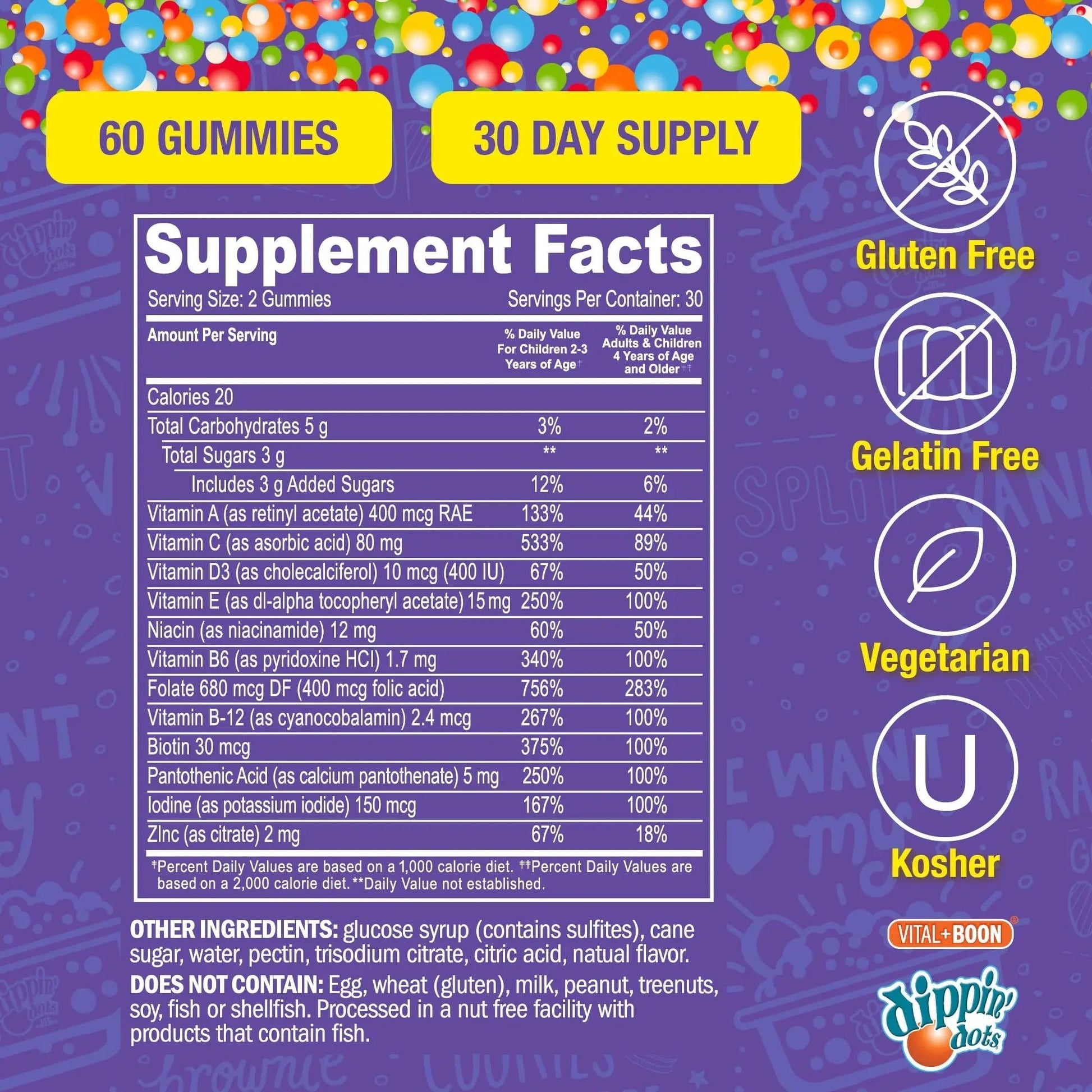 Dippin' Dots - Multivitamin Gummies for Kids Rainbow Fruit Flavor Complete Multivitamin Chewy Gummies Vitamin A, B, C, D3, E, B6, Zinc - 60 Count Vital+BoonAu supplements