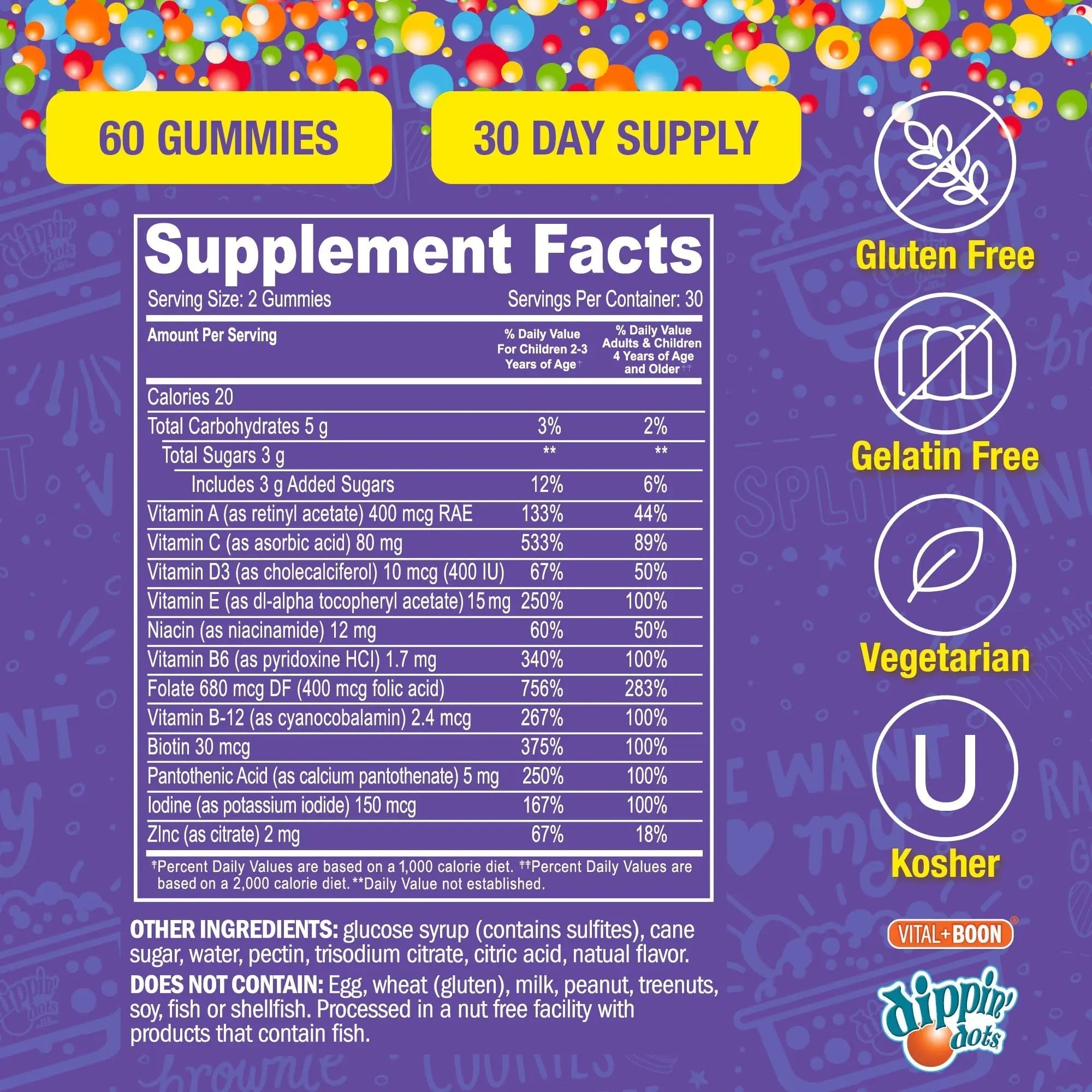Dippin' Dots - Multivitamin Gummies for Kids Rainbow Fruit Flavor Complete Multivitamin Chewy Gummies Vitamin A, B, C, D3, E, B6, Zinc - 60 Count Vital+BoonAu supplements