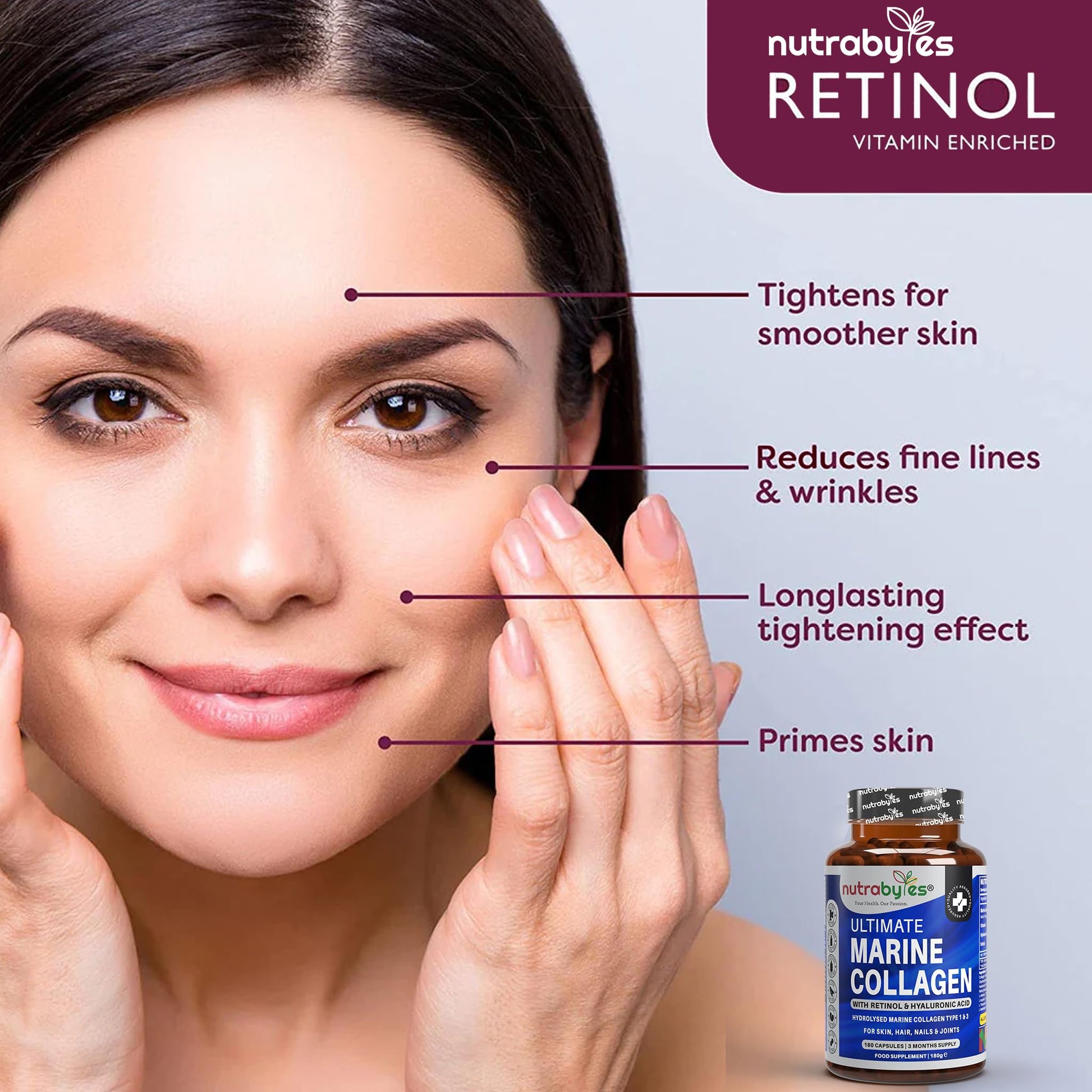 High Strength Marine Collagen with Hyaluronic Acid, Retinol and Vitamin C | 180 Capsules - 3 Months Supply NUTRABYTESAu supplements