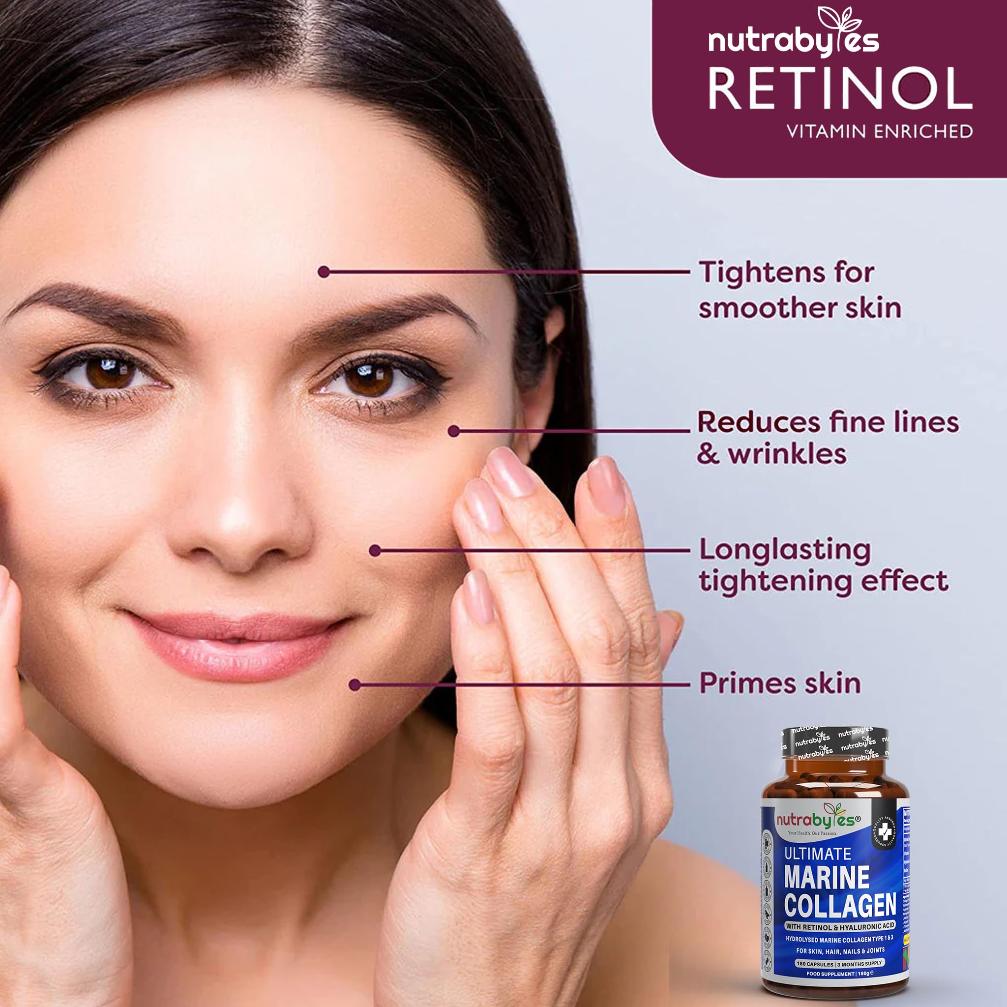 High Strength Marine Collagen with Hyaluronic Acid, Retinol and Vitamin C | 180 Capsules - 3 Months Supply NUTRABYTESAu supplements
