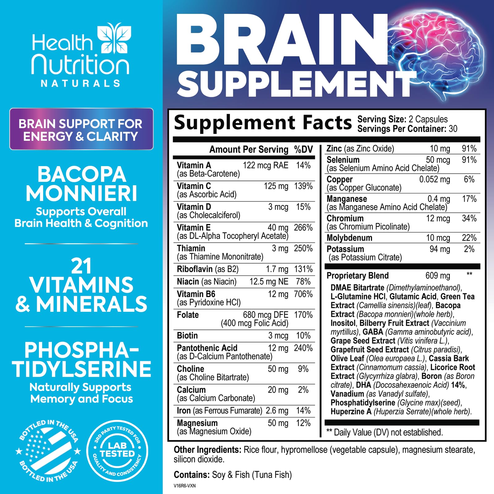 Brain Memory Supplement - 3X Strength Nootropics for Concentration, Clarity & Focus Support - Brain Health Cognitive Vitamins with Bacopa, Phosphatidylserine & DMAE 609mg, Brain Booster, 60 Capsules Health Nutrition NaturalsAu supplements