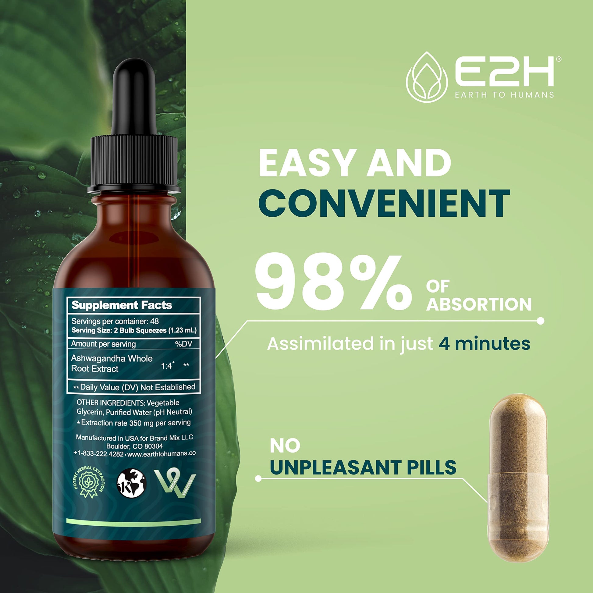 E2H Ashwagandha Liquid Drops - All-Natural Ashwagandha Supplement for Stress Relief and Mood Enhancer- Organic Ashwagandha Root Extract Effective Cortisol Manager | Non-GMO, Vegan | 2 Fl Oz E2H EARTH TO HUMANSAu supplements