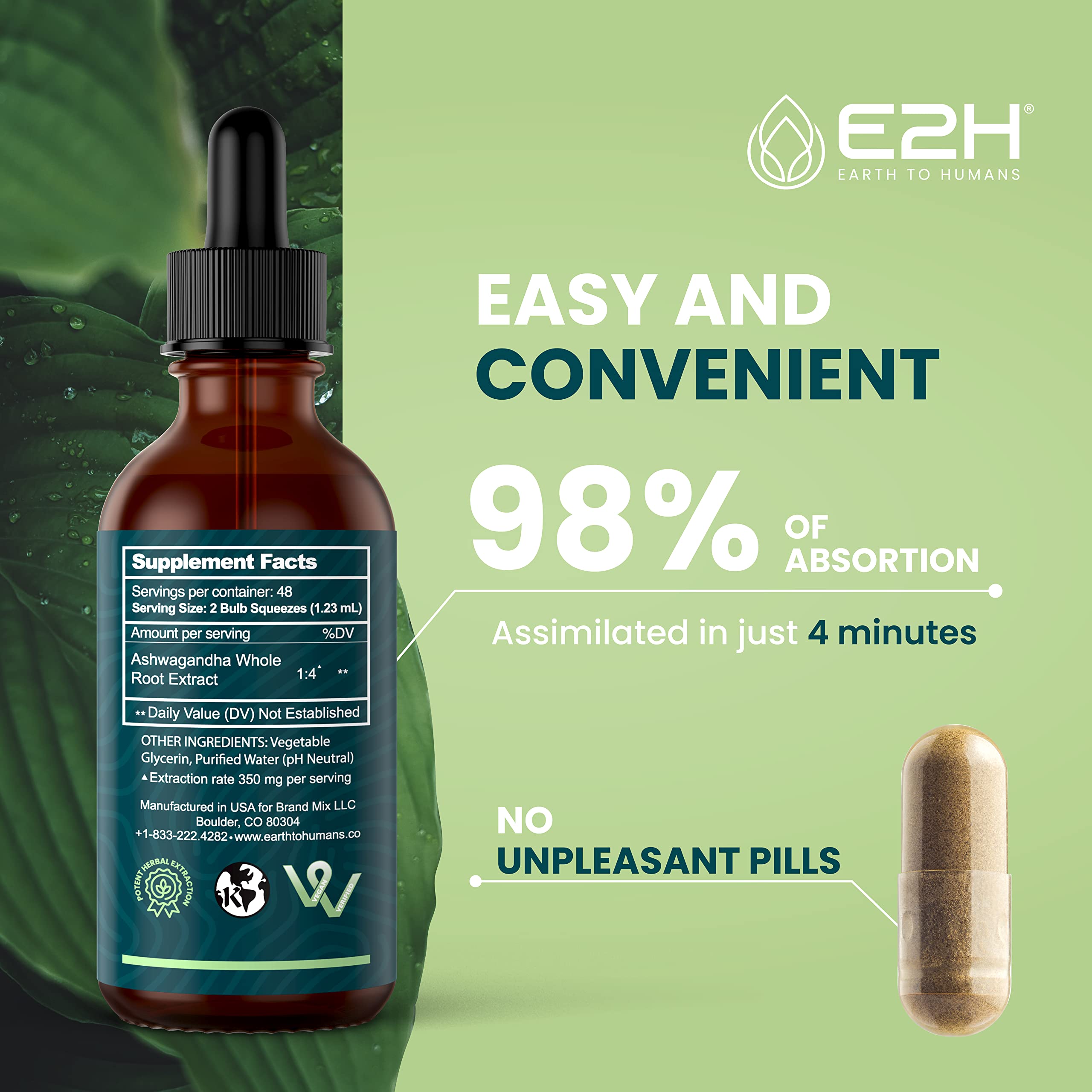 E2H Ashwagandha Liquid Drops - All-Natural Ashwagandha Supplement for Stress Relief and Mood Enhancer- Organic Ashwagandha Root Extract Effective Cortisol Manager | Non-GMO, Vegan | 2 Fl Oz E2H EARTH TO HUMANSAu supplements