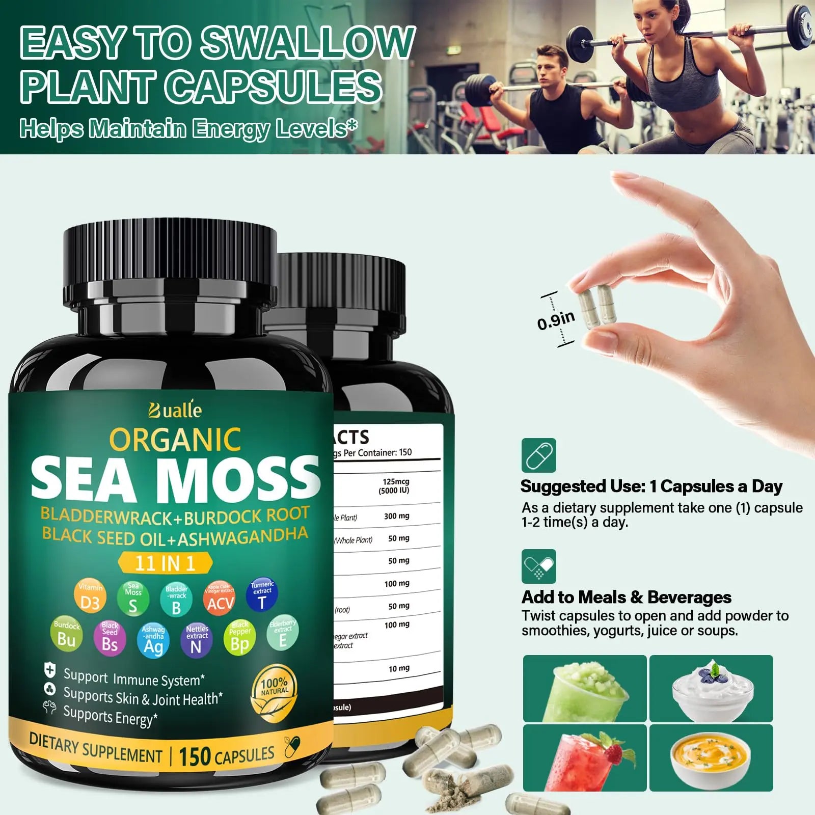 Bualle Irish Sea Moss Capsules – Organic Sea Moss, Black Seed Oil, Ashwagandha Supplements with Bladderwrack, Ginger & Burdock Root – Supports Daily Wellness, Skin & Energy – 150 Count (1 Pack) Buallenz supplements