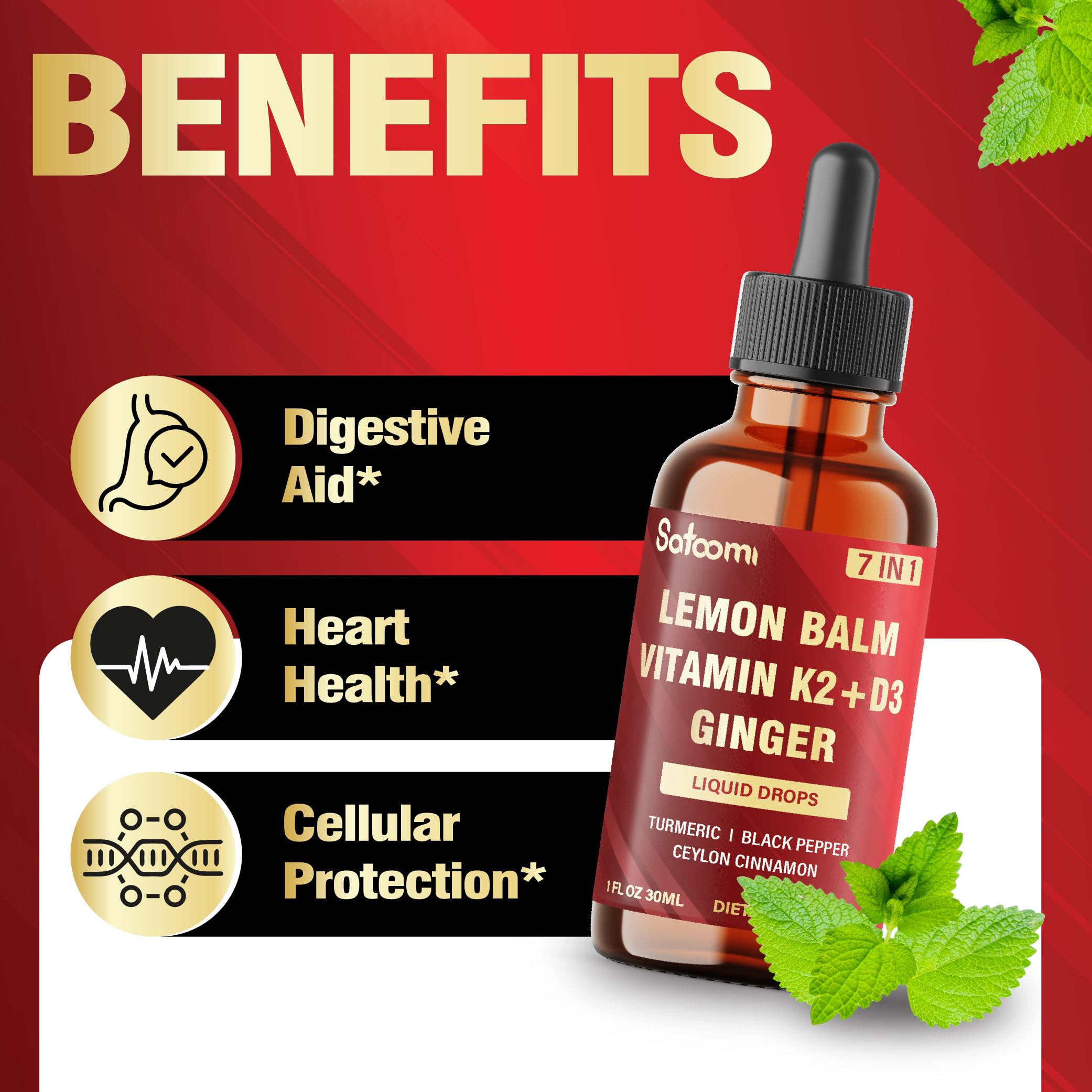 Satoomi 7in1 Lemon Balm Tincture with Vitamin D3, Vitamin K2, Ginger Root, Turmeric, Ceylon Cinnamon and Black Pepper - 1 FL Oz - 60 Day Supply SatoomiAu supplements