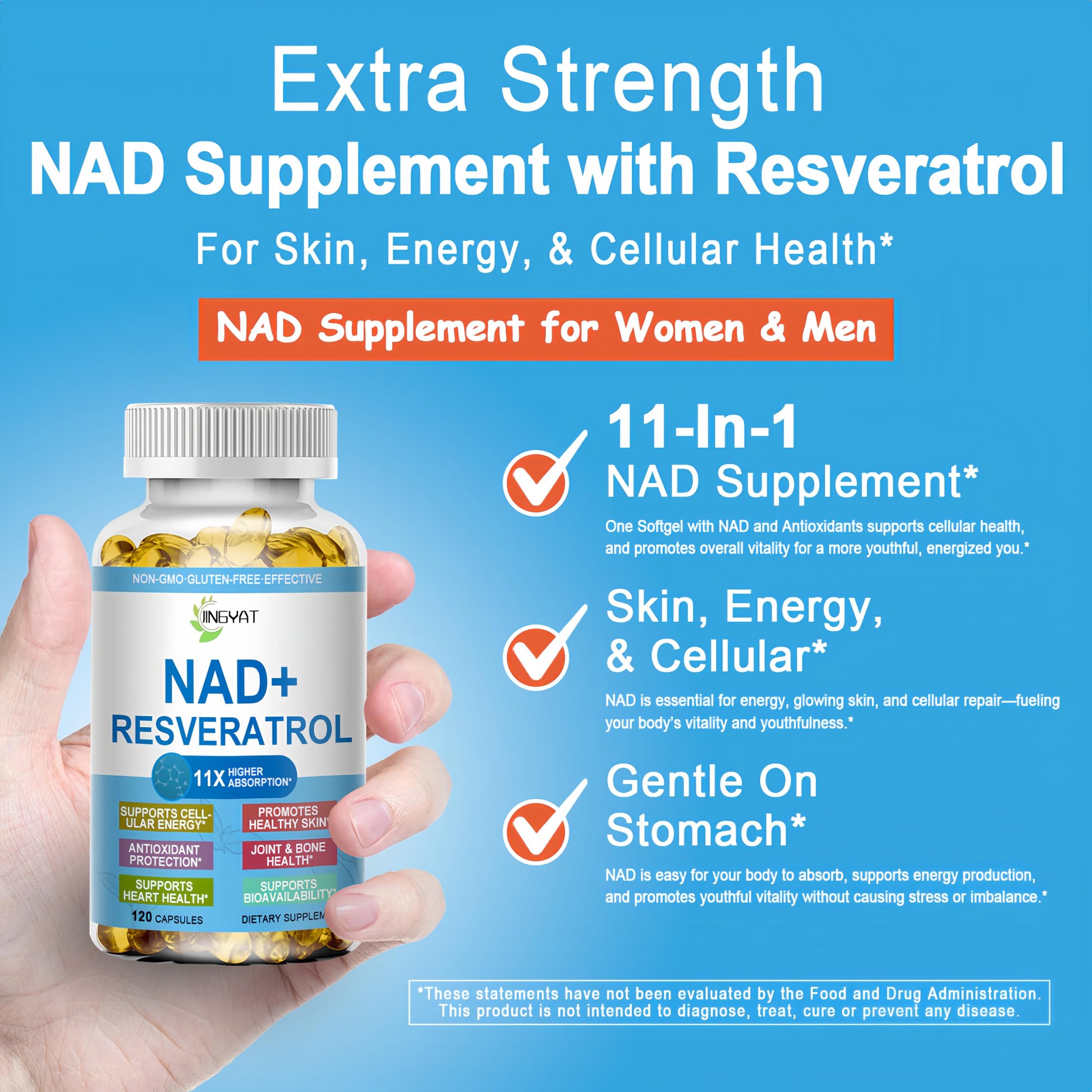 JINGYAT 11-in-1 NAD Supplement with Resveratrol, CoQ10, Quercetin, Collagen, Grape Seed for Cellular Energy, Mental Focus & Antioxidant Support - NAD Supplement for Women & Men, 120 Soft Capsules JINGYATAu supplements