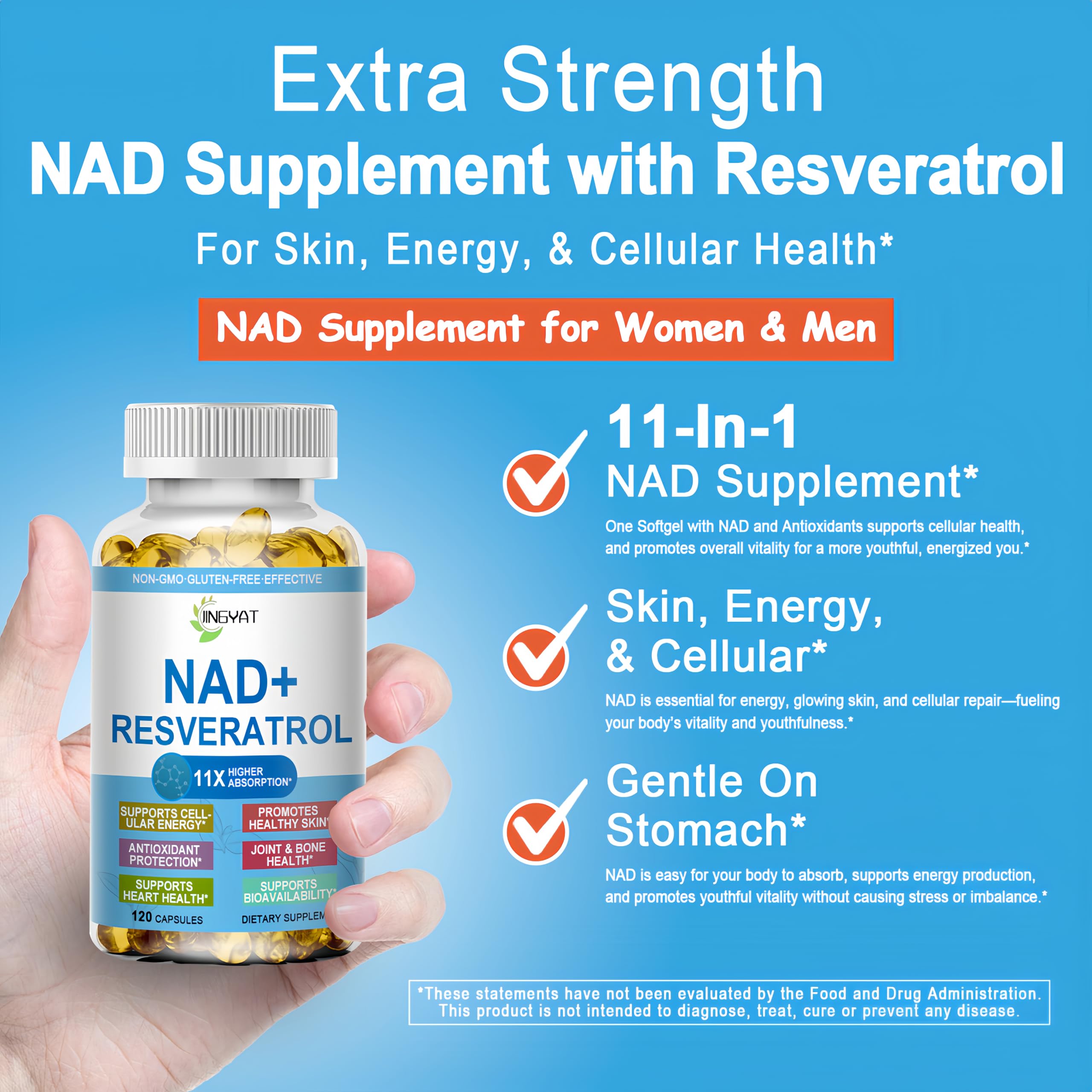 JINGYAT 11-in-1 NAD Supplement with Resveratrol, CoQ10, Quercetin, Collagen, Grape Seed for Cellular Energy, Mental Focus & Antioxidant Support - NAD Supplement for Women & Men, 120 Soft Capsules JINGYATAu supplements