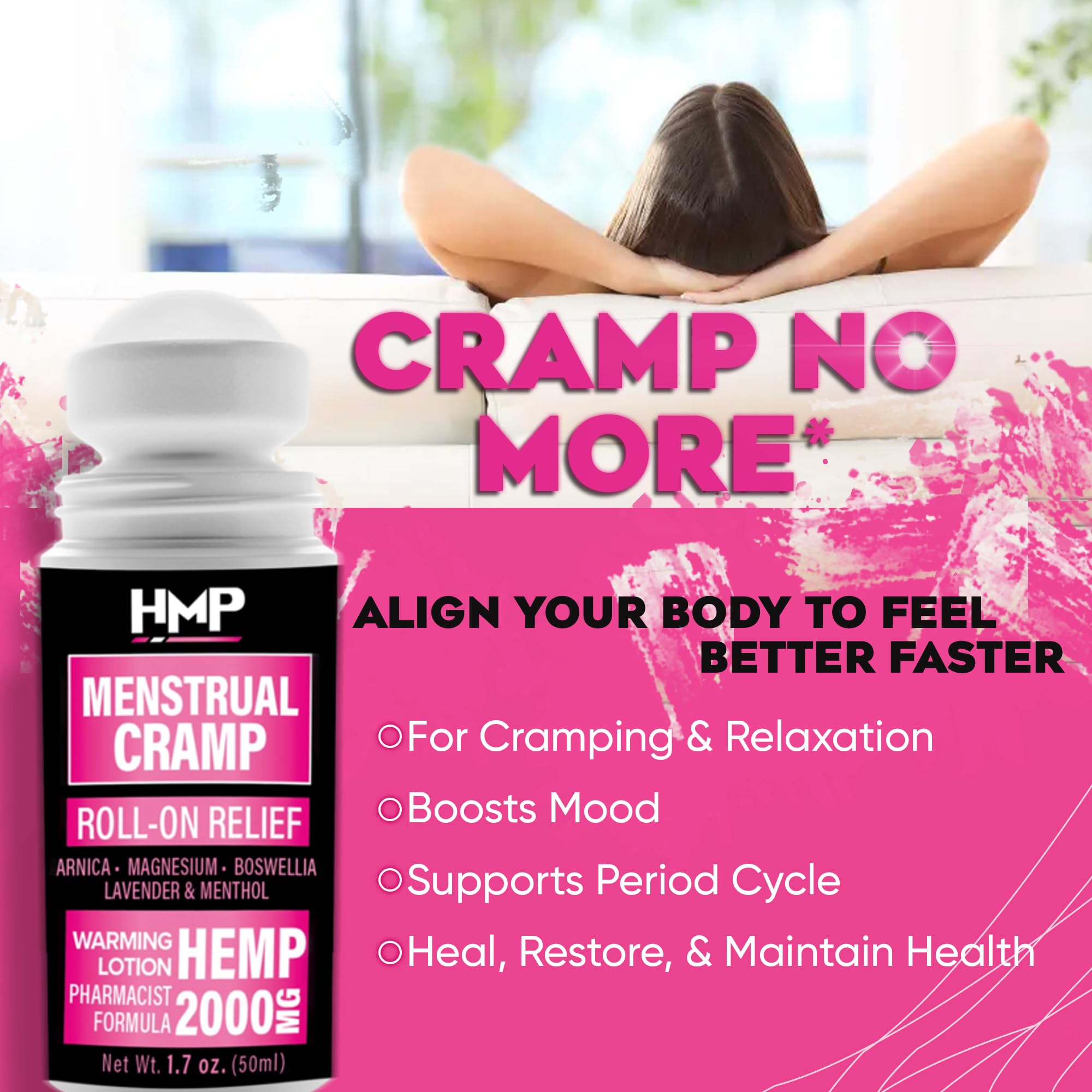 HMP BRANDS Menstrual Cramp Hemp Warming ROLL-ON 2000MG w Arnica & Menthol Made in USA Natural Formula 1.7oz HMP BRANDSAu supplements