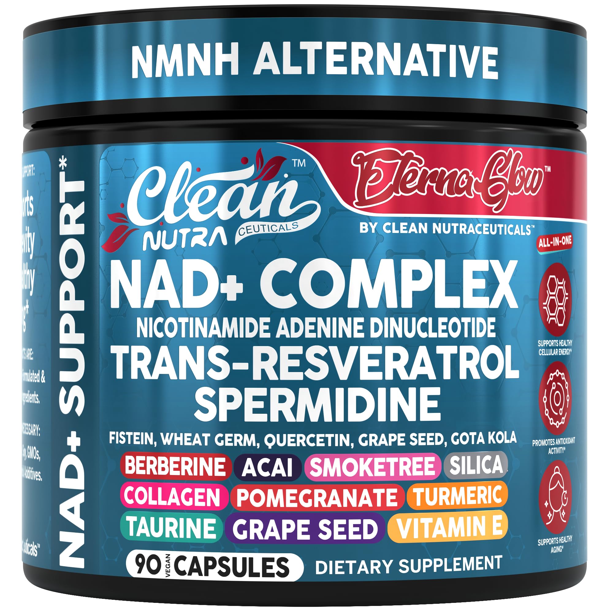 Clean NAD Supplement Resveratrol Liposomal NAD+ Spermidine Fisetin Wheat Germ Quercetin Grape Seed Extract Gotu Kola Berberine Astaxanthin Peptides for Women Energy 90 Capsules Clean NutraceuticalsAu supplements