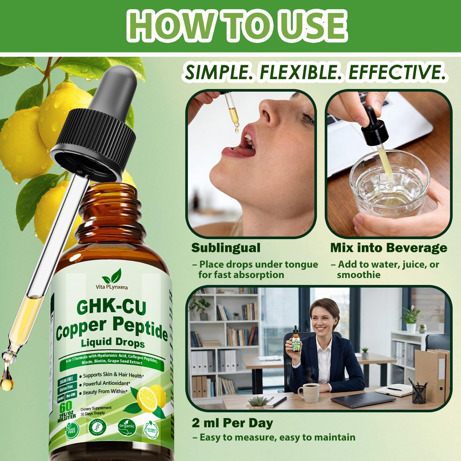 Vita PLynxera GHK-CU Peptide Supplement Liquid Drops, Premium 6-in-1 GHK CU Copper Peptides w. Marine Collagen Hyaluronic Acid Biotin for Anti-Aging, Skin Hair Growth Support, Oral Drops丨Women Men Vita PLynxeraAu supplements