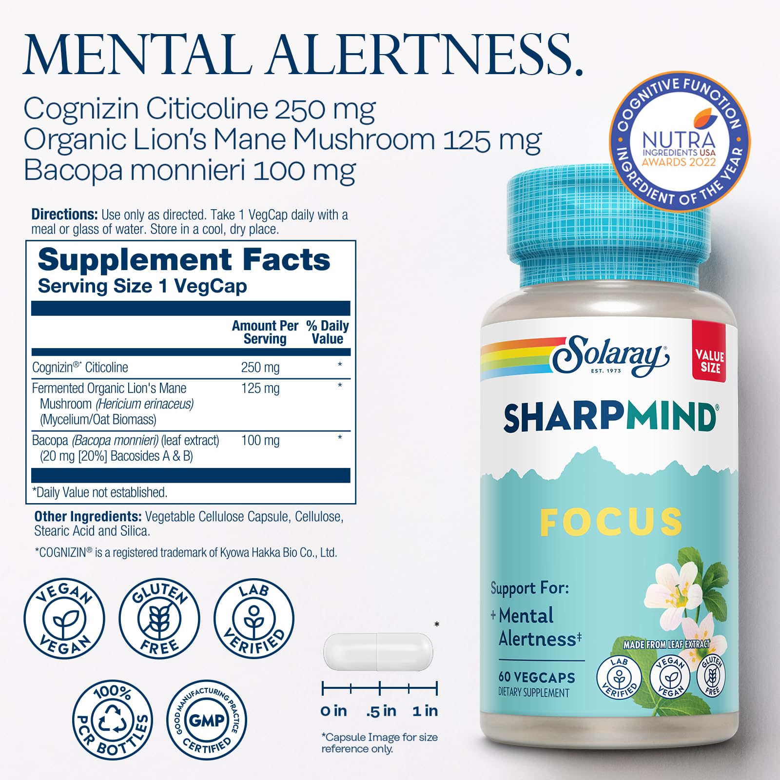 SOLARAY SharpMind Focus, Mental Alertness Nootropic Supplement for Healthy Brain Fog, Cognizin Citicoline, Lions Mane Mushroom, Bacopa Monnieri, 60 Day Money Guarantee, 60 Serv 60 Veg Caps SOLARAYAu supplements