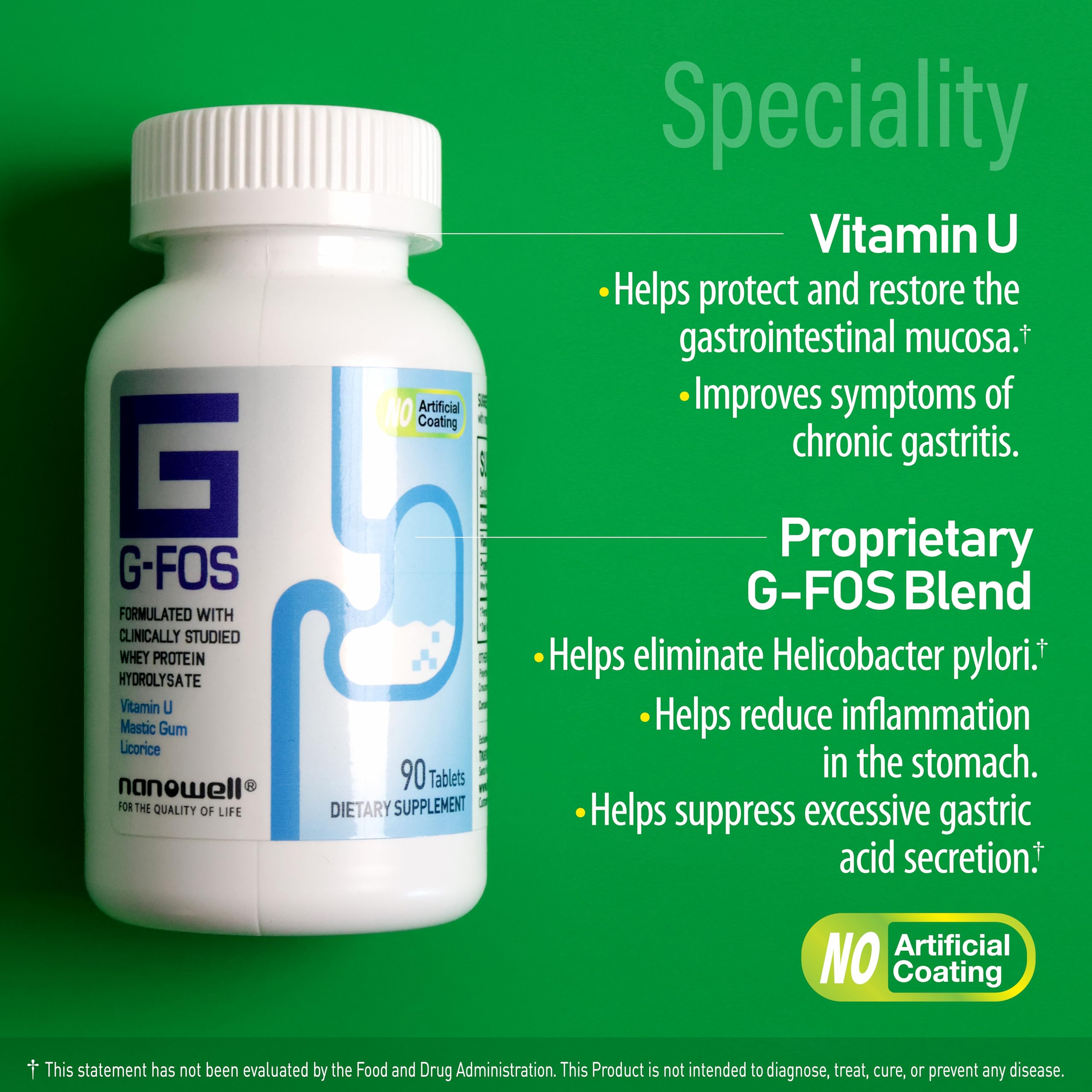 NANOWELL G-FOS Digestive Health Supplement, Vitamin U - 90 Tablets X 2 Bottles for 2 Months (180 Count) NANOWELLAu supplements