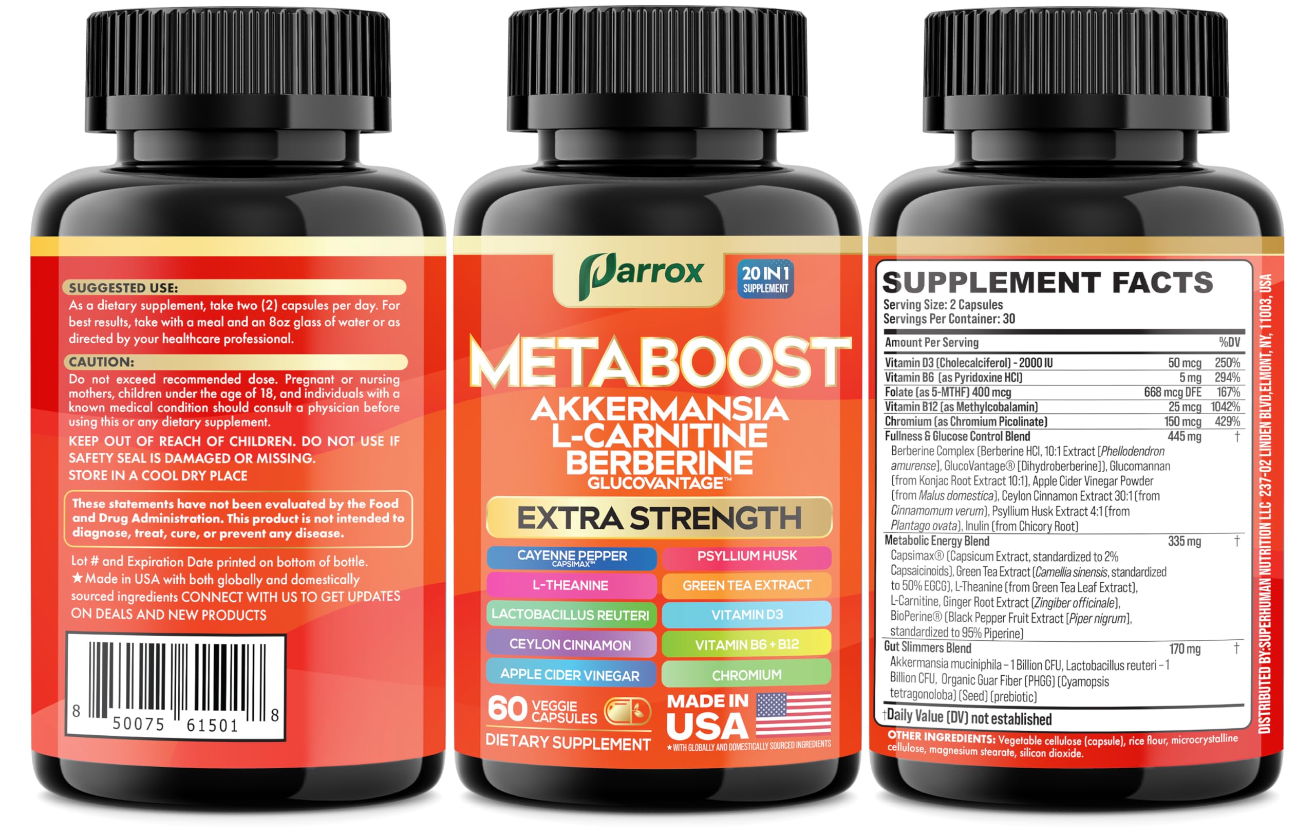 GLP-1 Booster Supplement, Akkermansia, L-Carnitine, Berberine (GlucoVantage), Methylfolate, Methylated B12, Chromium, Capsimax, Psyllium Husk, Probiotics Vitamins D3, B6, 20-in-1 Plant-Based (60 Caps) ParroxAu supplements