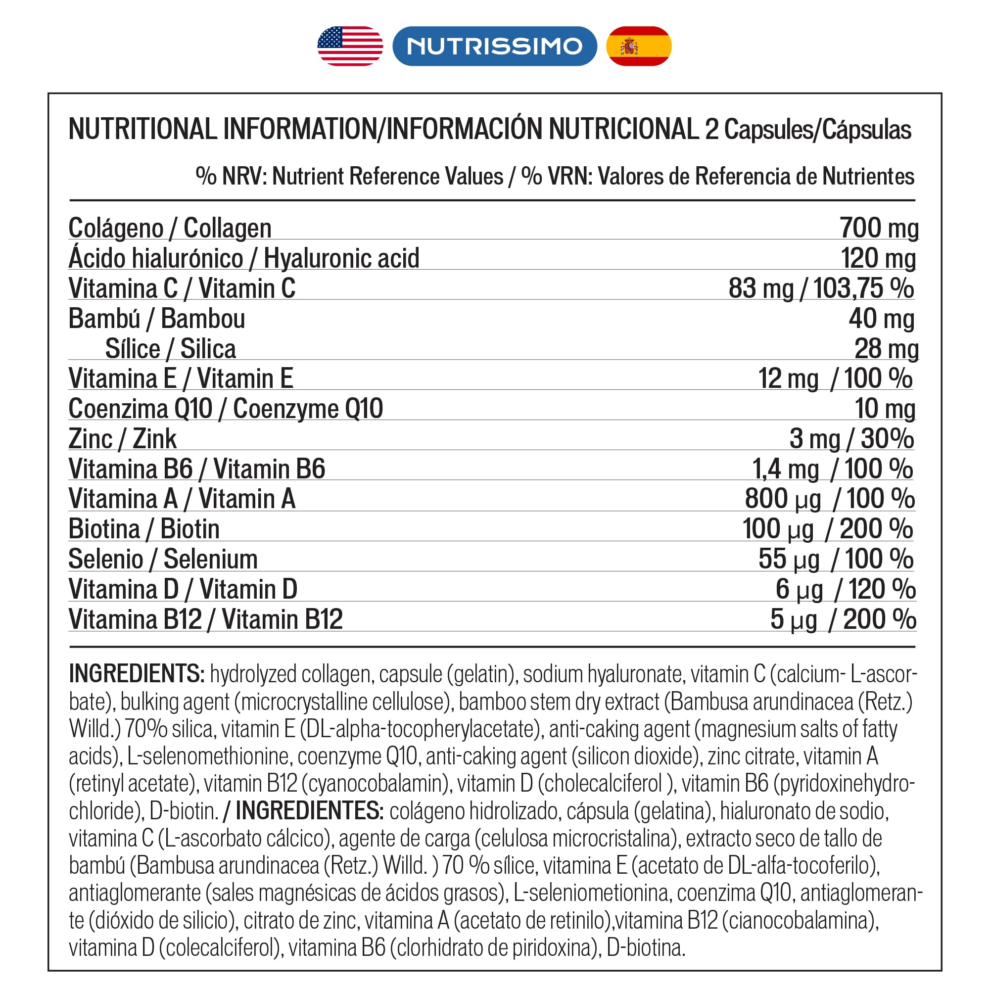 NUTRISSIMO Collagen + Hyaluronic Acid + Biotin + CoQ10 + Vitamins A, C (non-acidic), D and B12 + Zinc NUTRISSIMOAu supplements