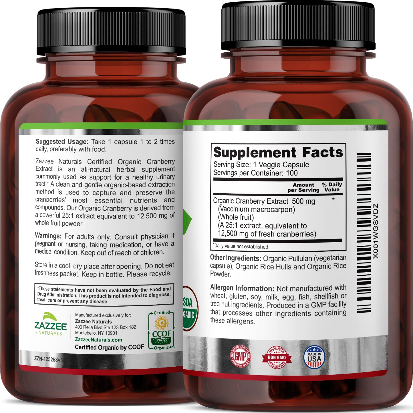 Zazzee USDA Organic Cranberry 25:1 Extract, 12,500 mg Strength, 100 Vegan Capsules ZazzeeUS supplements