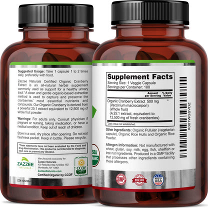 Zazzee USDA Organic Cranberry 25:1 Extract, 12,500 mg Strength, 100 Vegan Capsules ZazzeeUS supplements