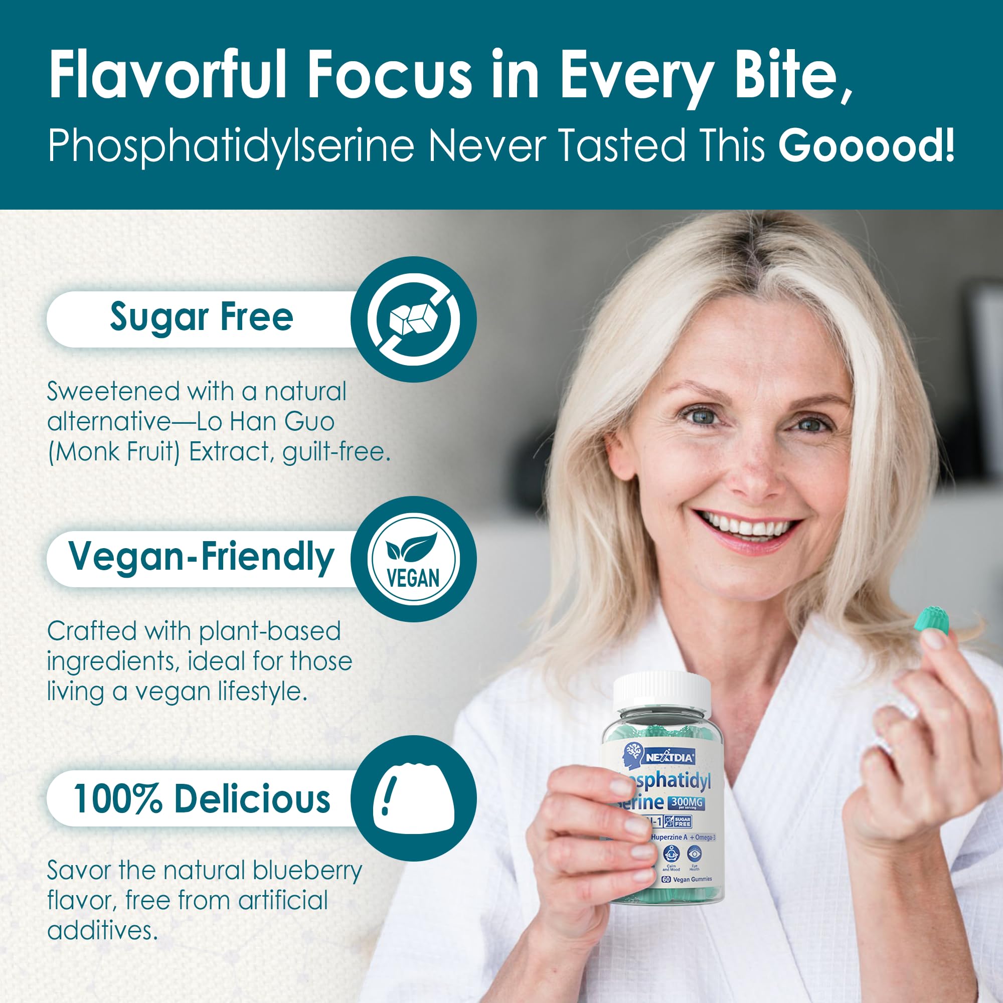 Phosphatidylserine - Nootropic Brian Supplement, Focus & Energy Gummies+ Bacopa Monnieri, Omega 3, Huperzine A, Methyl B12 & B6 for Seniors, Gamers, Workers, Non-GMO, Caffeine-Free, Sugar Free, 2 Pack NextdiaAu supplements