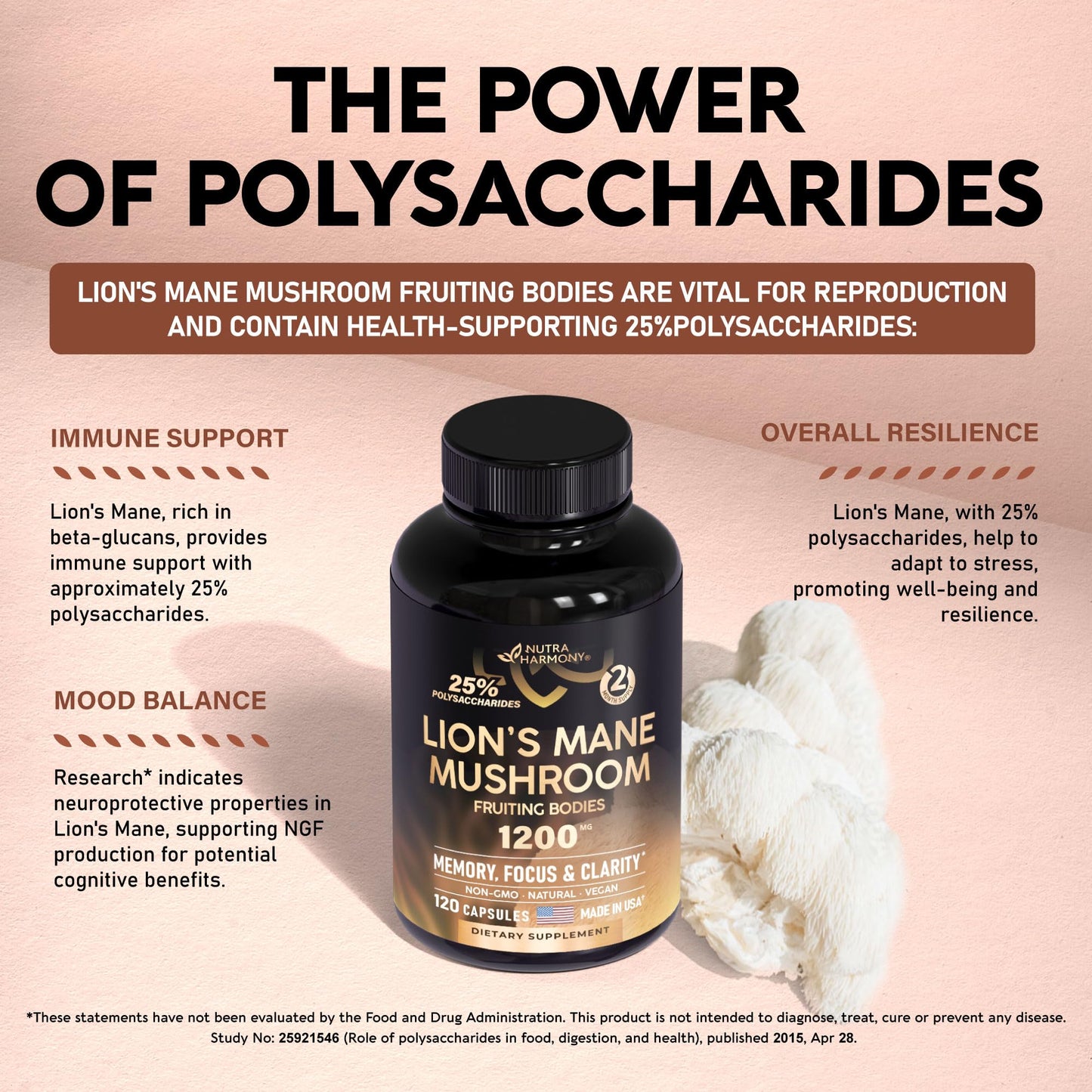Organic Lions Mane - Certified Mushroom Supplement - Made in USA - Fruiting Bodies NUTRAHARMONYUS supplements