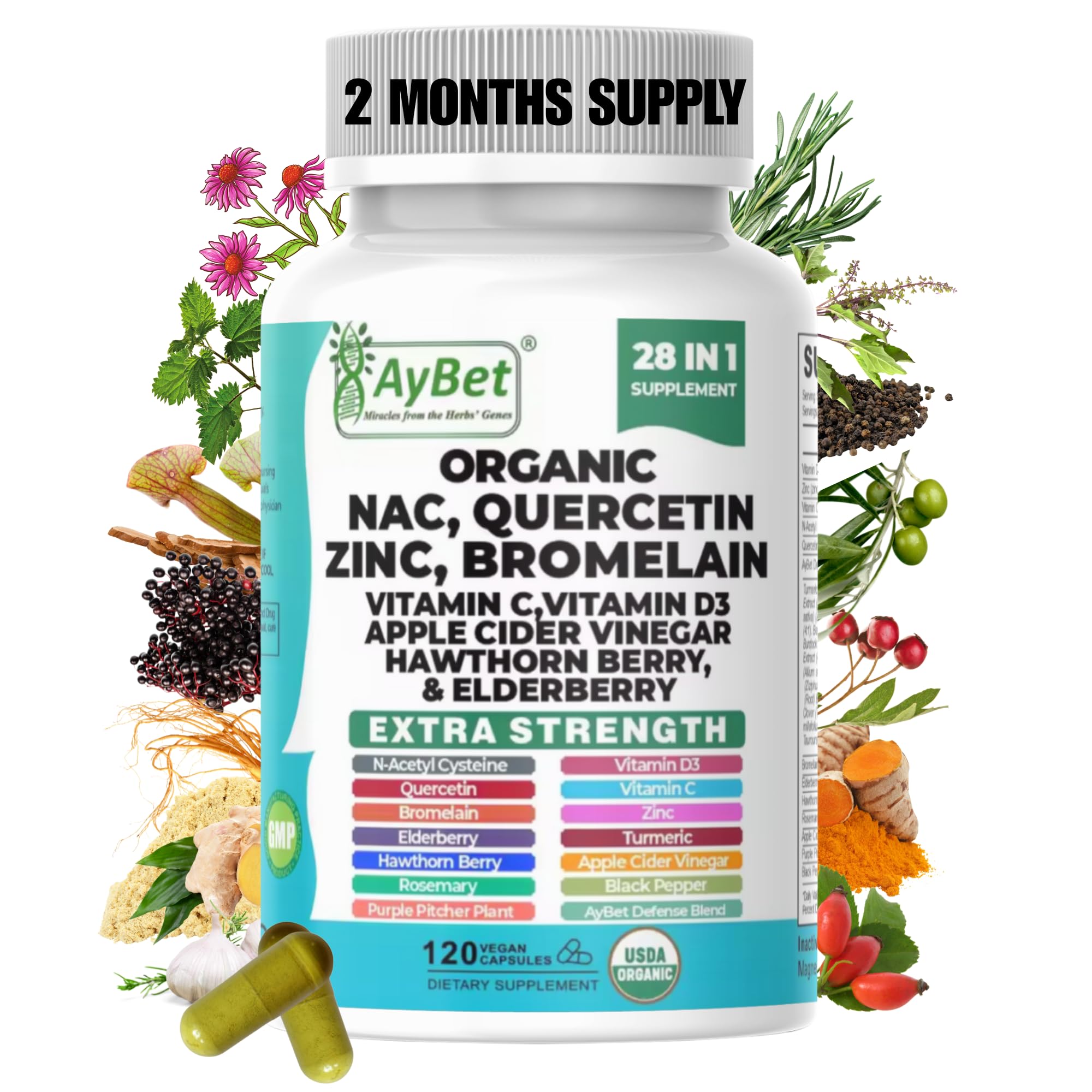 NAC-n-acetyl cysteine- Quercetin Zinc Bromelain Supplement | Extra Strength with Vit C, D3, Apple Cider Vinegar, Elderberry, Hawthorn Berry, Turmeric | Immune Support|120 Vegan Capsules | USDA Organic AyBetAu supplements